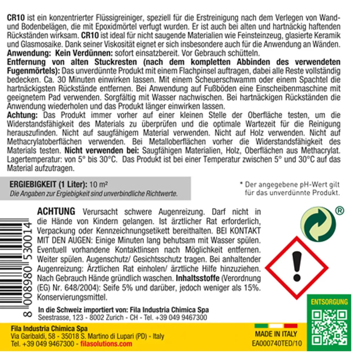 Fila CR10 почистващ препарат за епоксидна фугираща смес 1л