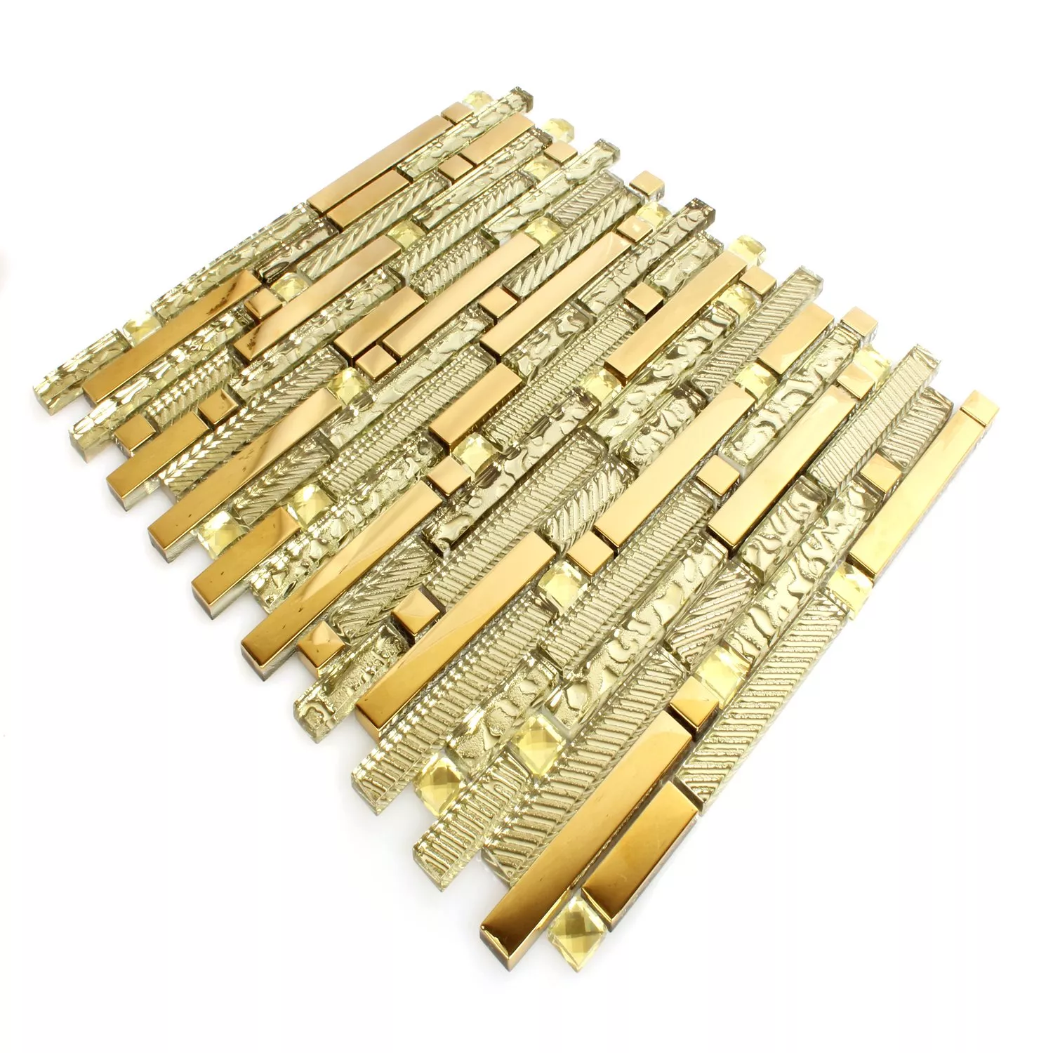 Skleněná Mozaika Dlaždice Mix Struktur Zlatá 15x62x8mm