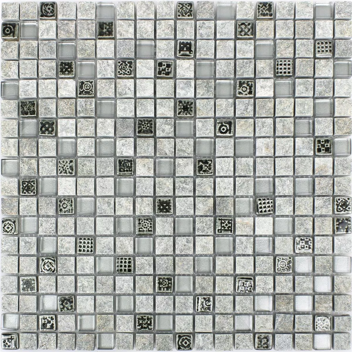Panneau Mosaïque Verre Et Pierre 30x30 Cm - Gris Anthracite Et Beige, Effet Mat