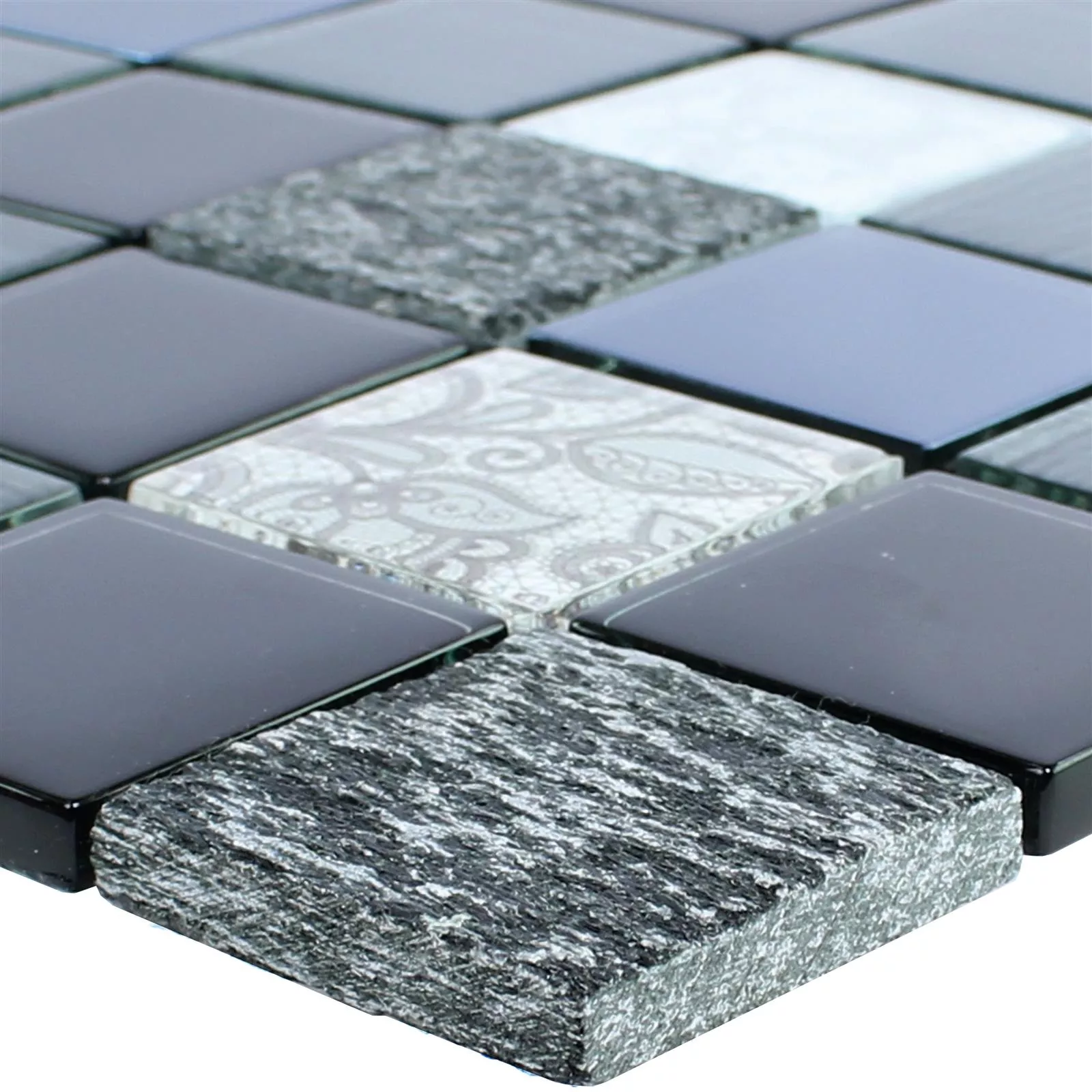 Glass Natural Stone Mosaic Triopetra Black Grey White