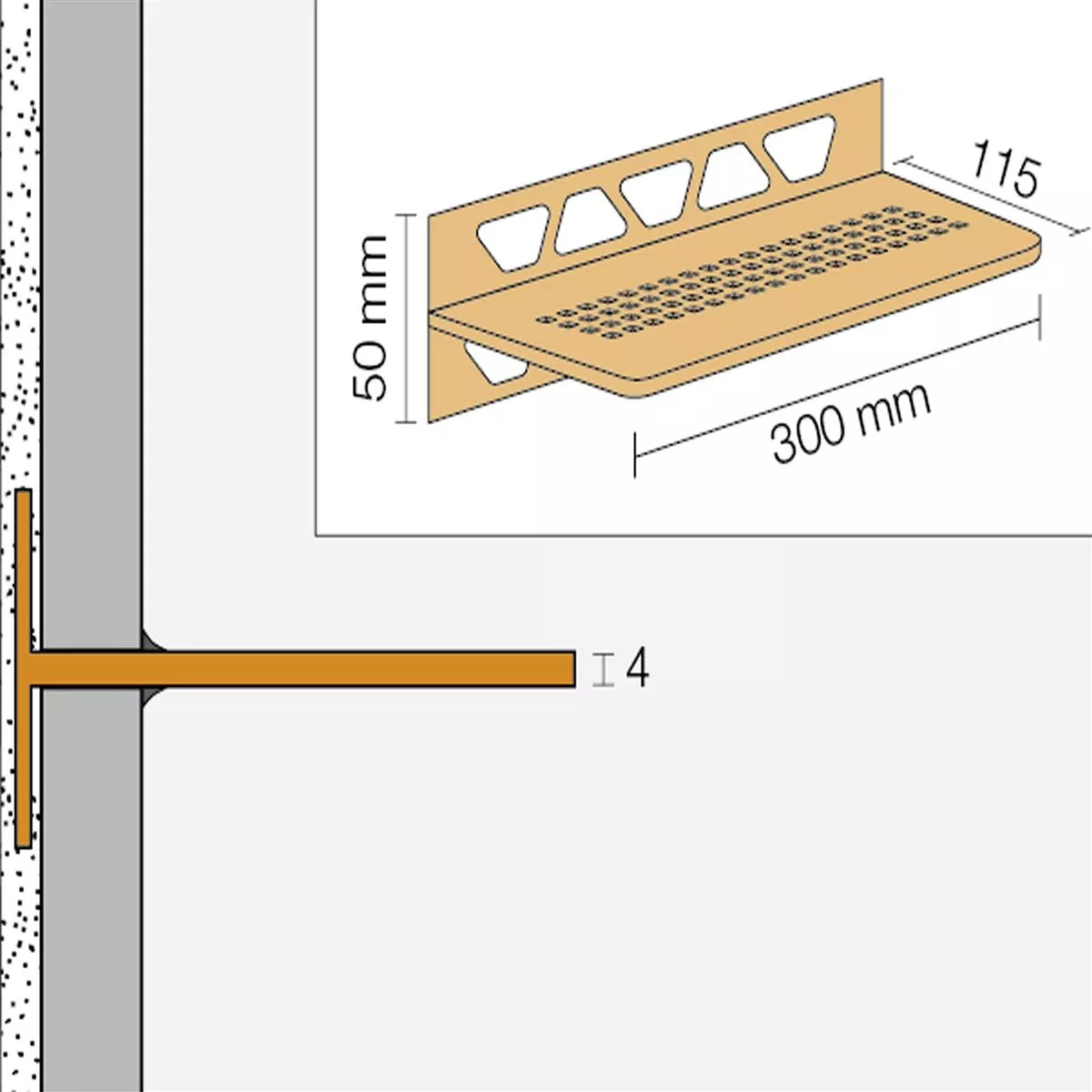 Suihkuhylly seinähylly Schlüter suorakulmio 30x11,5cm kukkavalkoinen