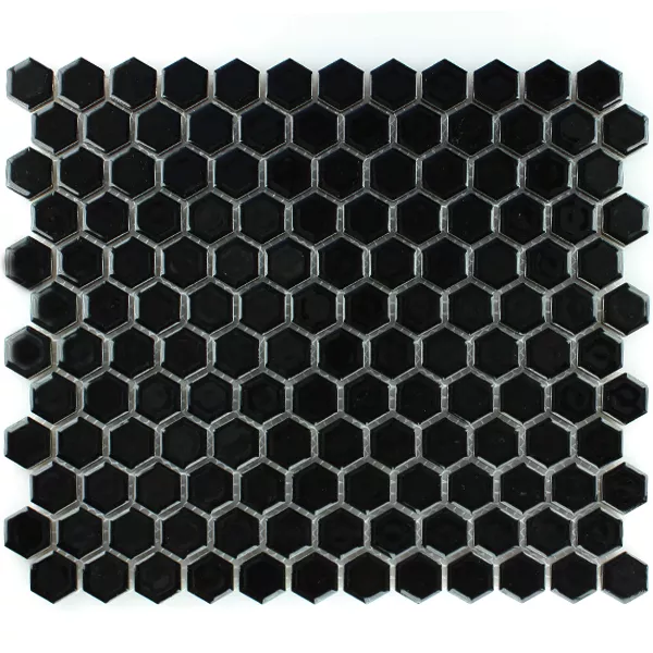 Mosaic Tiles Ceramic Hexagon Black Glossy H23