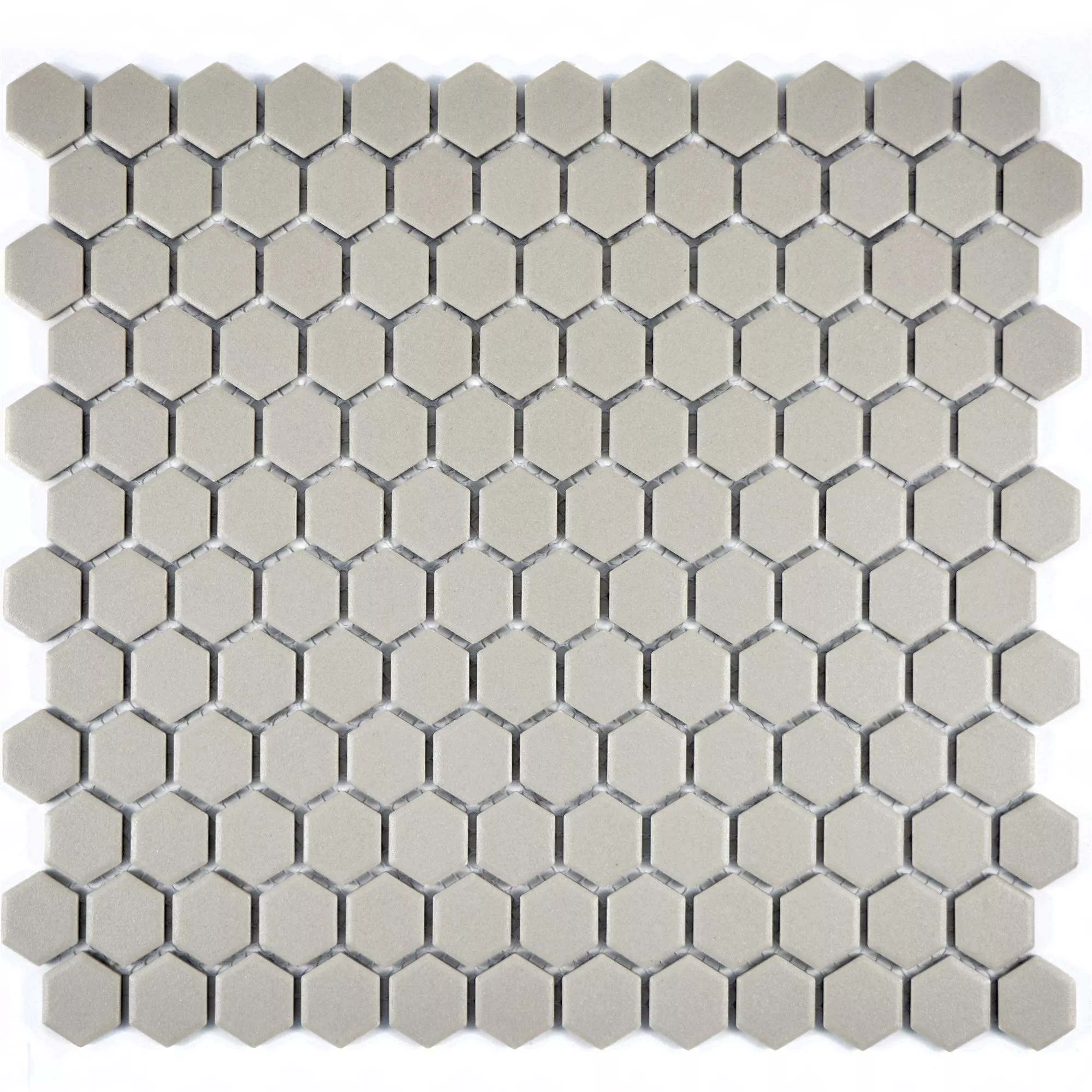 Muster von Keramik Mosaikfliesen Hexagon Zeinal Unglasiert Hellgrau R10B