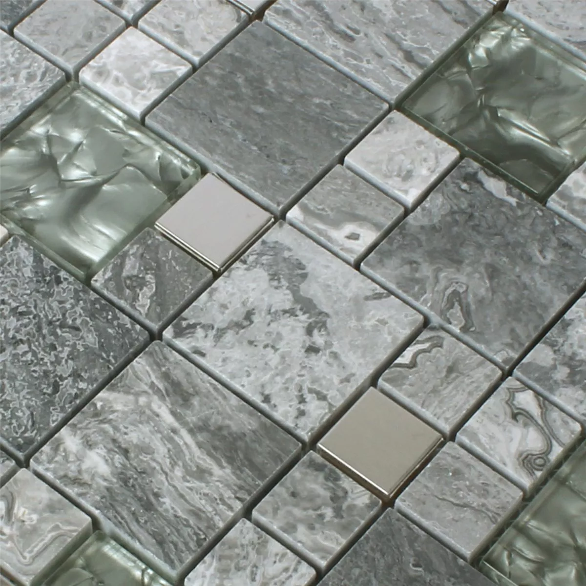 Mosaic Tiles Metal Glass Natural Stone Mix Grey Silver