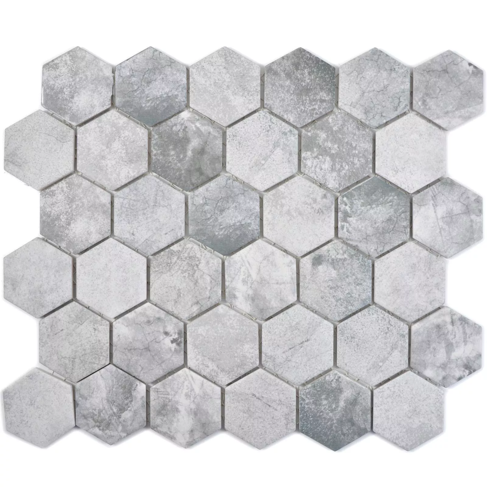 Muster von Keramikmosaik Comtessa Hexagon Zementoptik Hellgrau