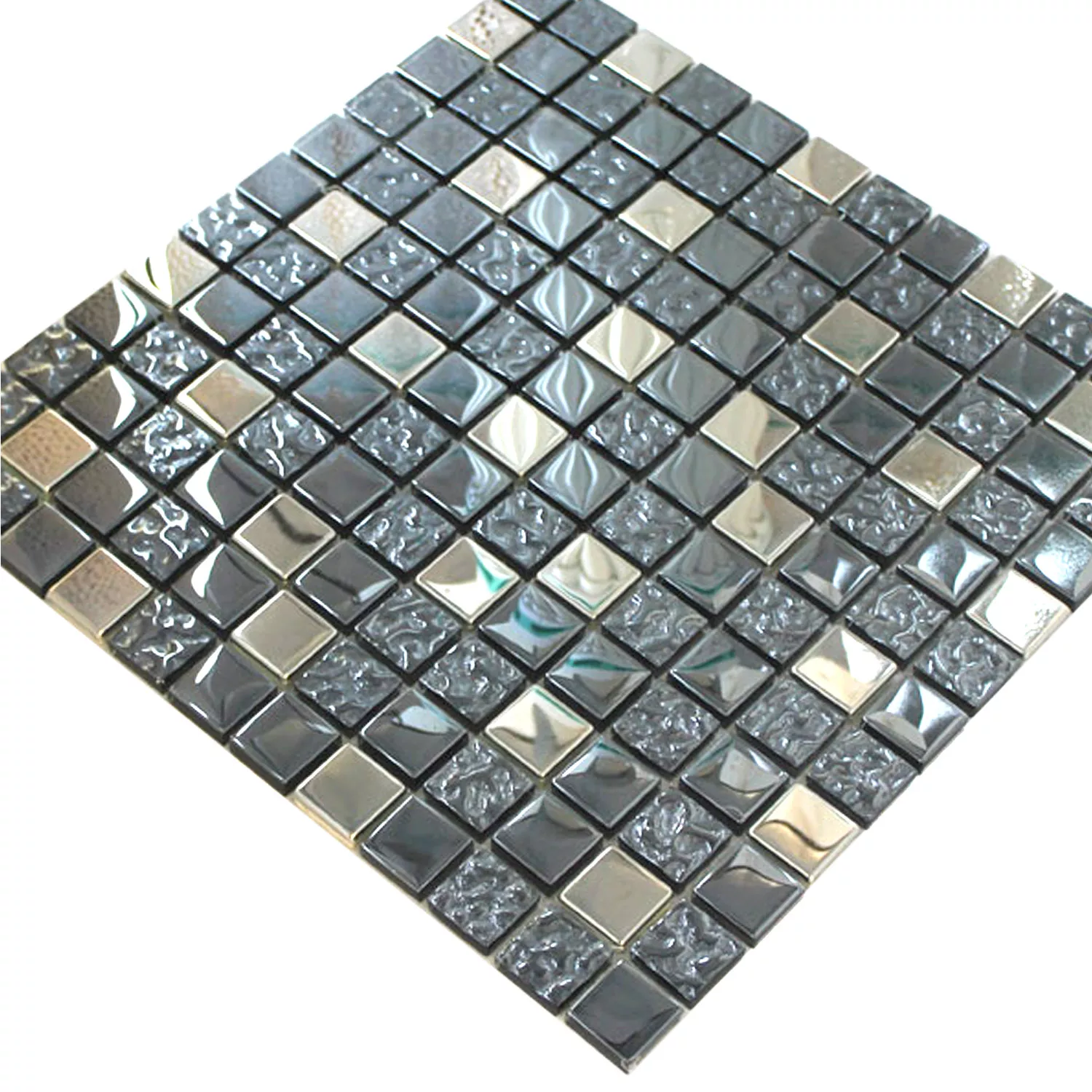 Muster von Mosaikfliesen Glas Metall Mix Whitney Silber Schwarz 