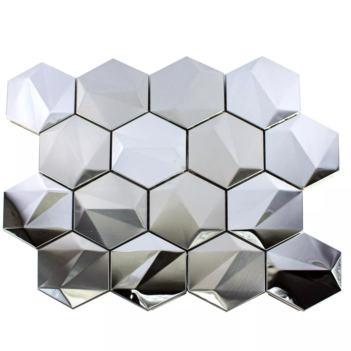 Sample Roestvrij Staal Mozaïektegel Durango Hexagon 3D Zilver