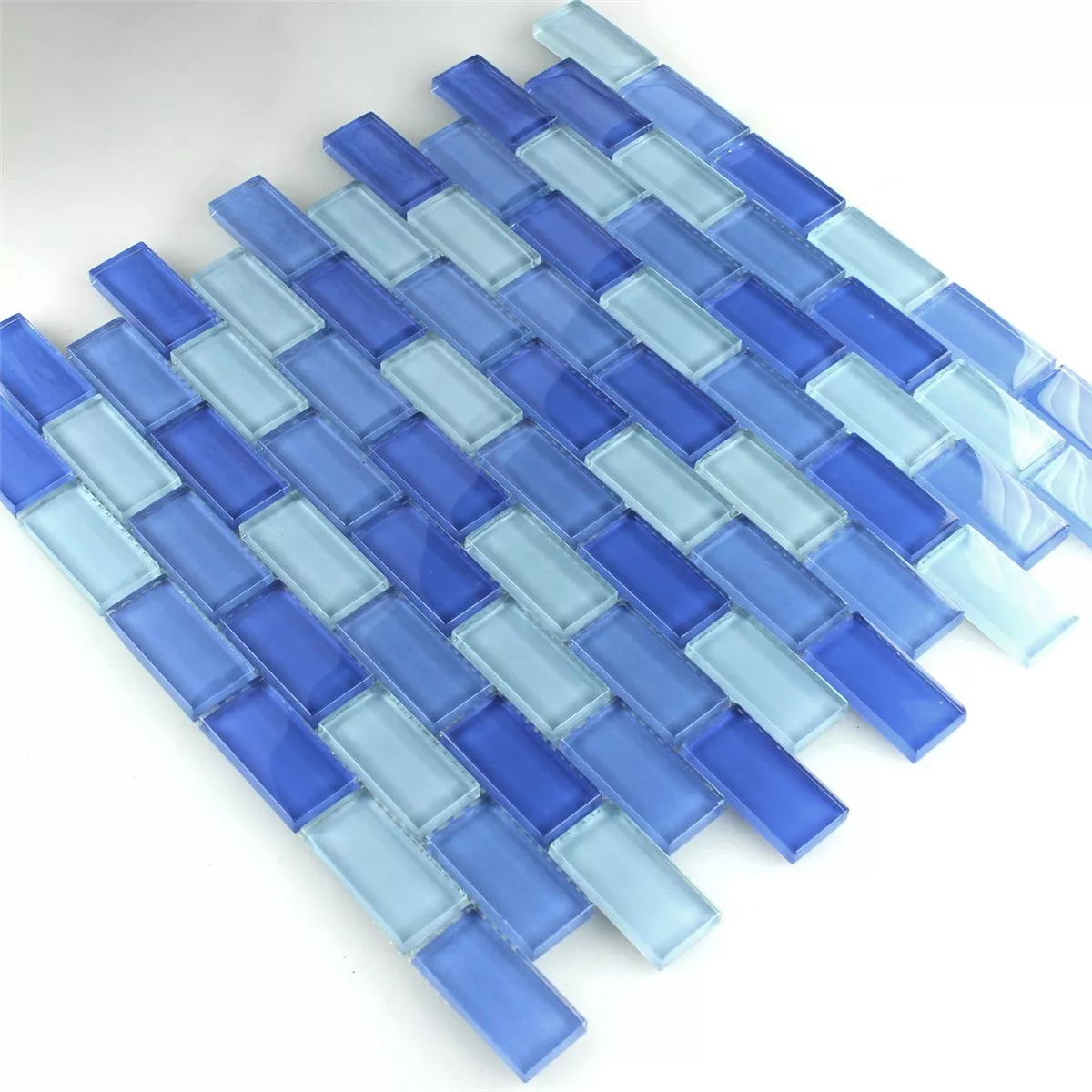 Plăci De Mozaic Sticlă Brick Albastru Deschis Mix 25x50x8mm