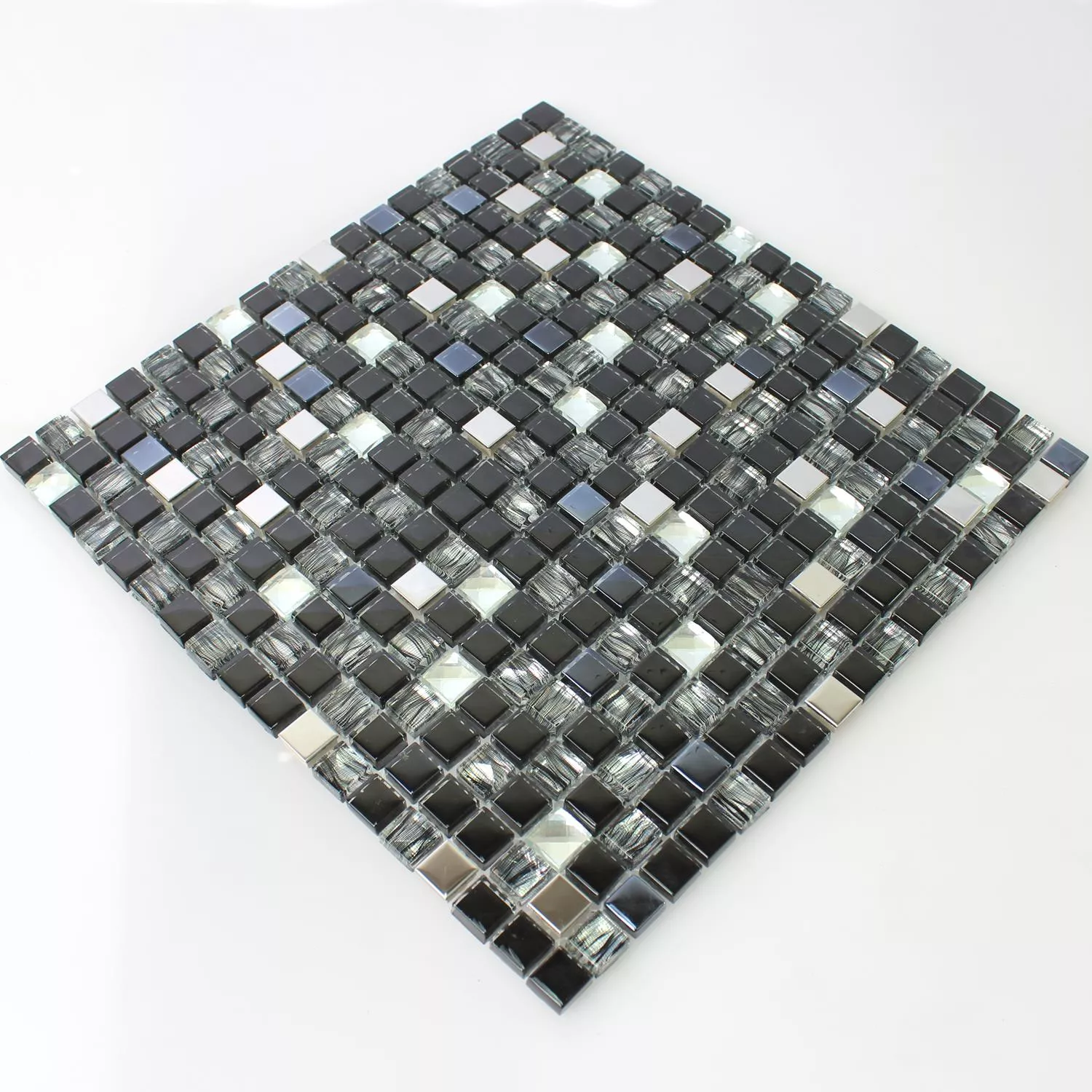 Mozaik Csempe Üveg Rozsdamentes Acél Malaya Fekete Négyzet 15