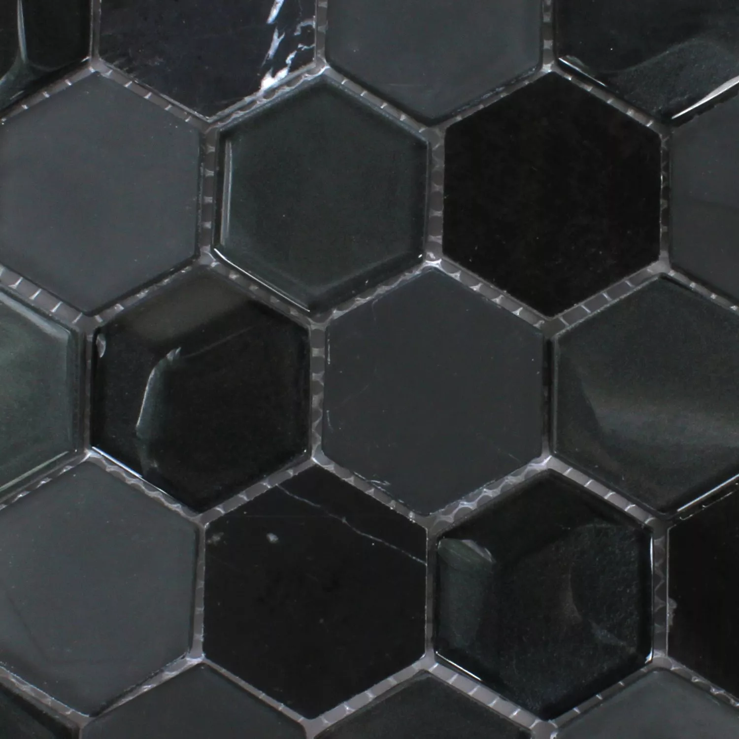 Mosaikfliesen Hexagon Glas Naturstein Iznik Schwarz 3D