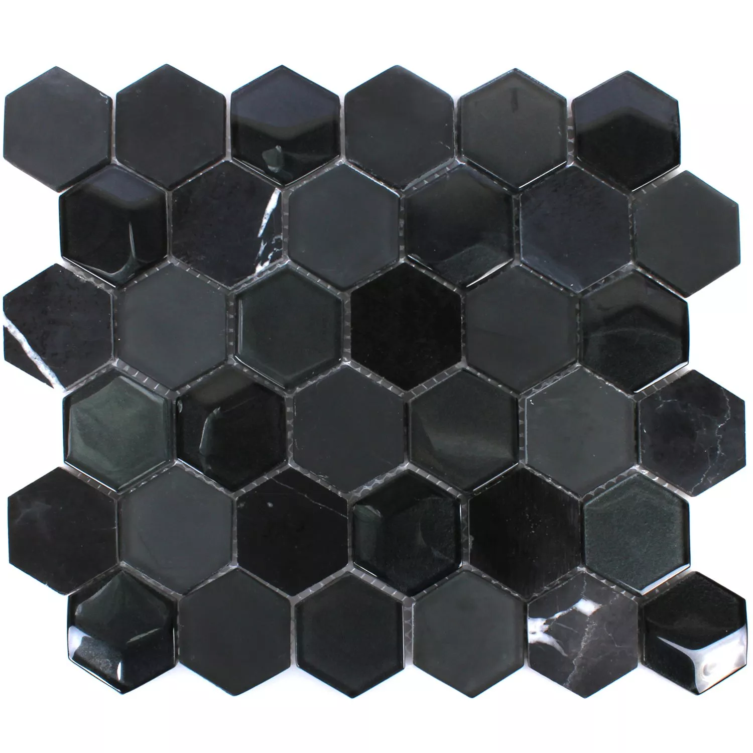 Mosaic Tiles Hexagon Glass Natural Stone Black 3D