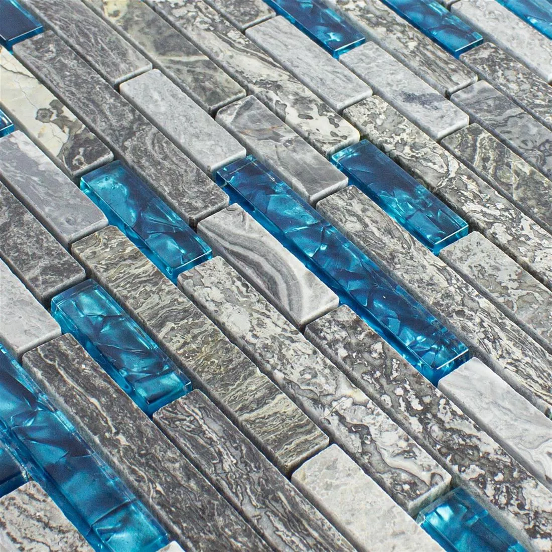 Glasmosaik Natursten Kakel Manavgat Grå Blå Brick