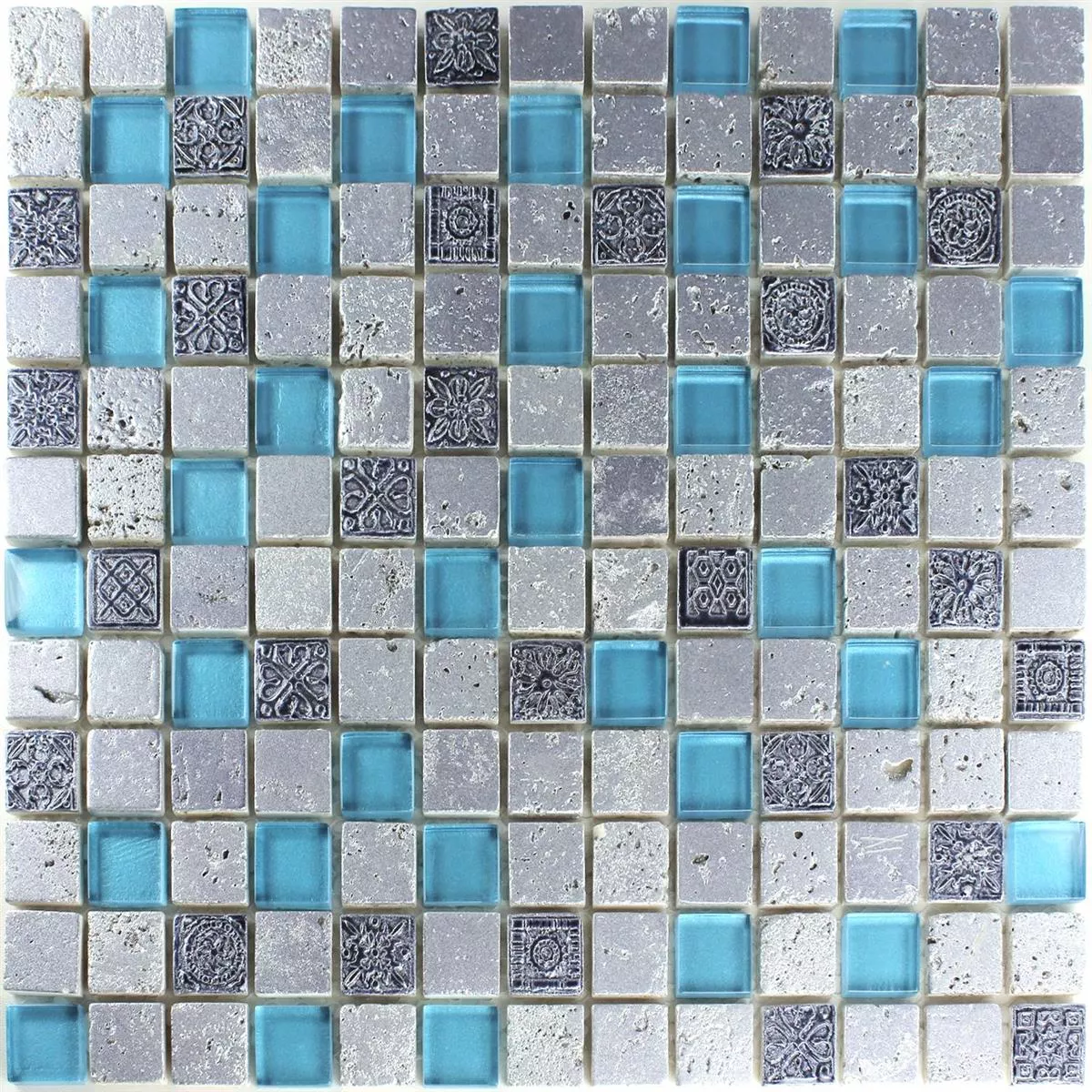 Azulejo Mosaico Vidro Resina Pedra Mix Azul Prata