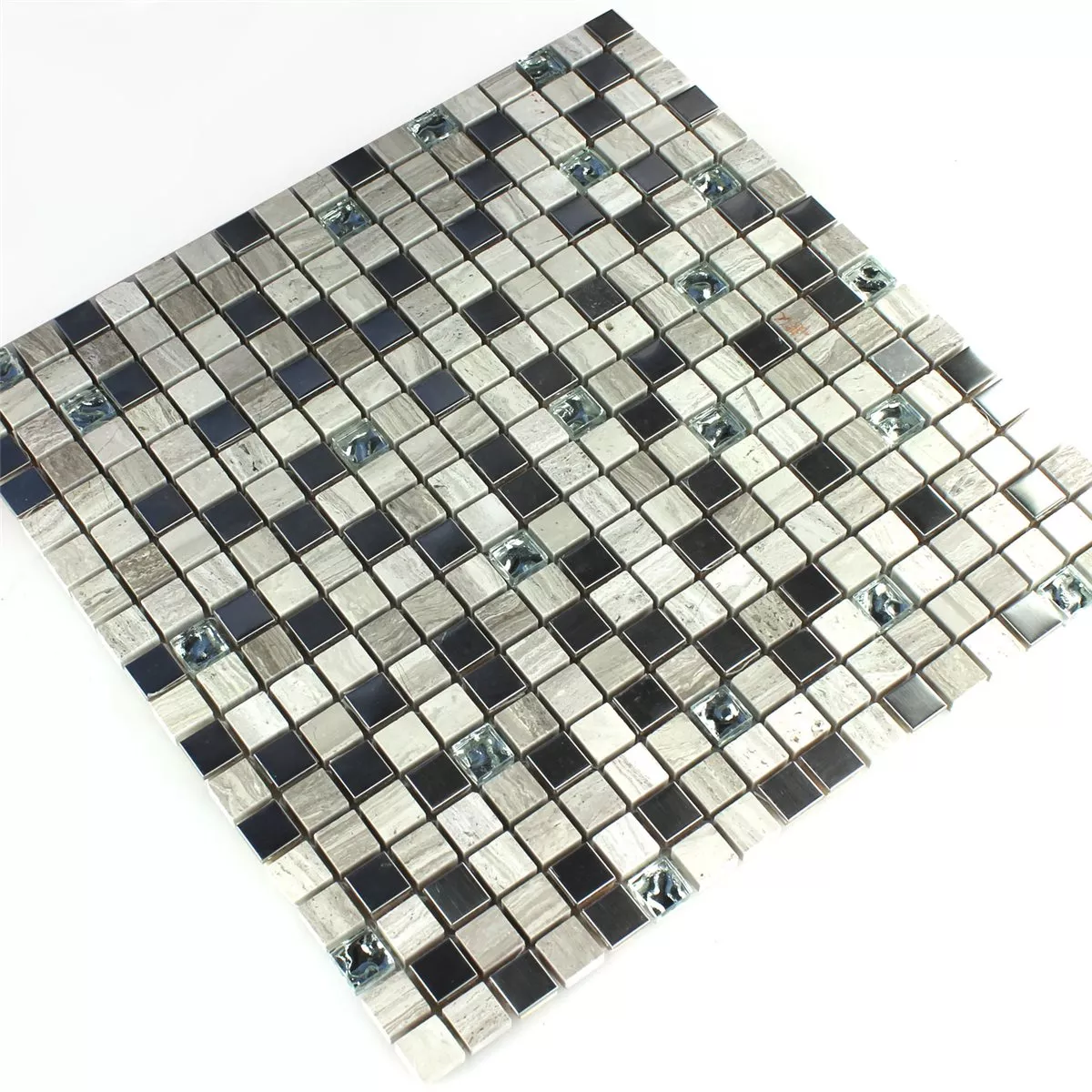 Muster von Mosaikfliesen Glas Sandstein Edelstahl Grau 