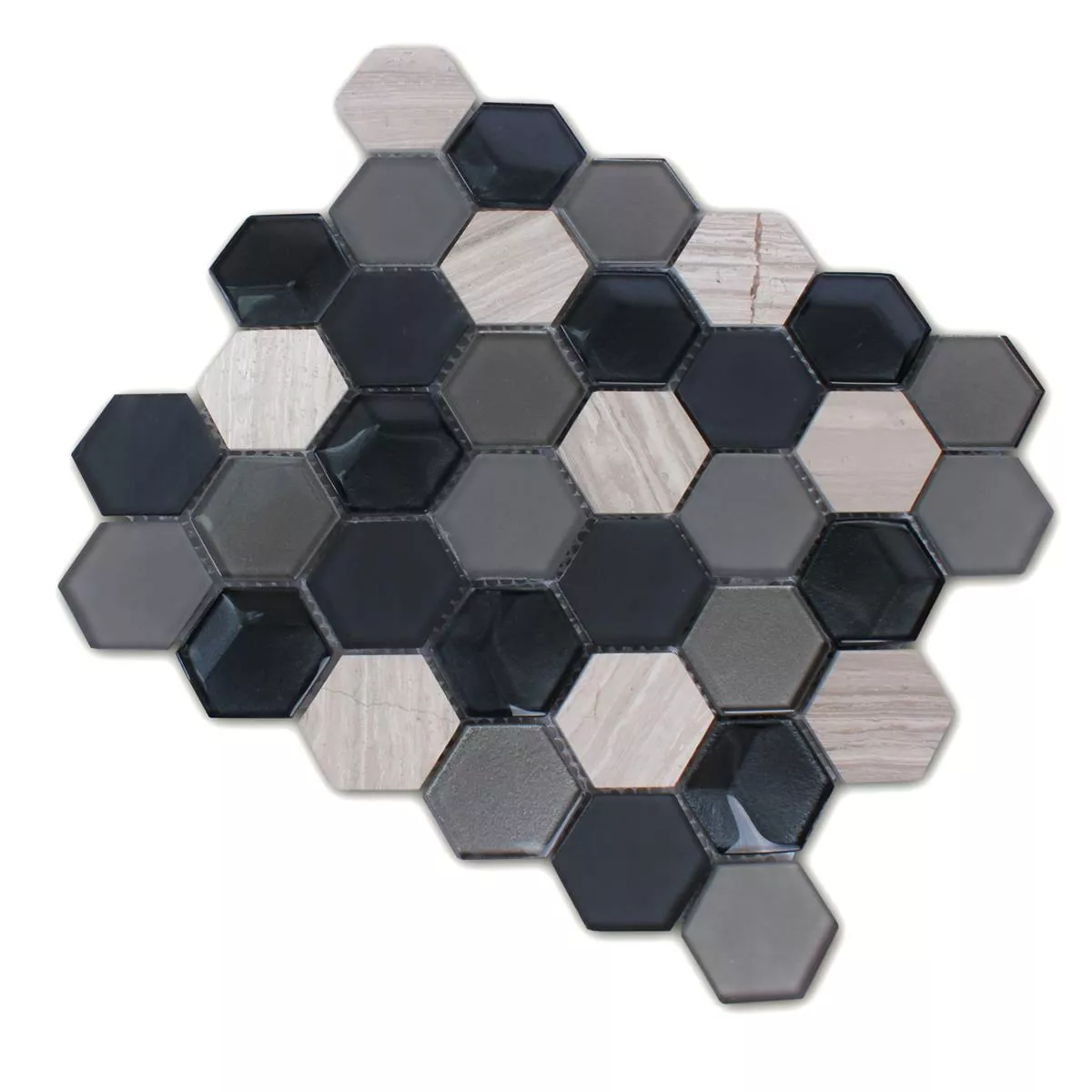 Mosaik Fliser Hexagon Glas Natursten Sort Gra 3D