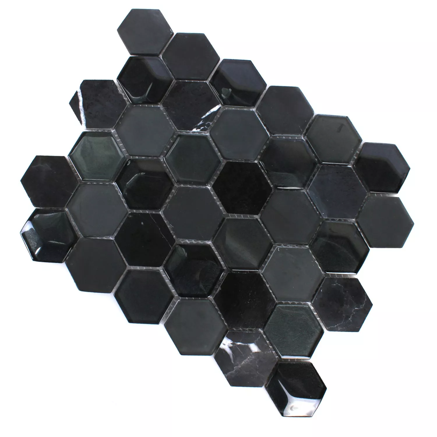 Mozaïektegel Hexagon Glas Natuursteen Zwart 3D