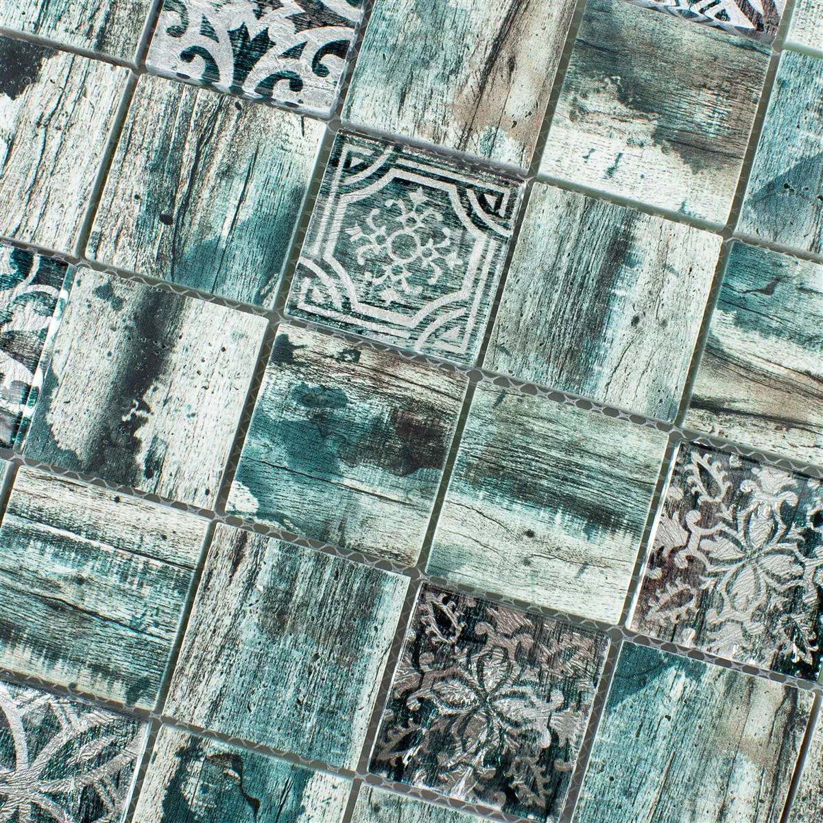 Próbka Mozaiki Szklana Płytki Wygląd Drewna Norwalk Szary Brązowy Zielony Q48