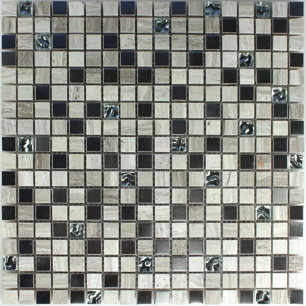 Muster von Mosaikfliesen Glas Sandstein Edelstahl Grau 
