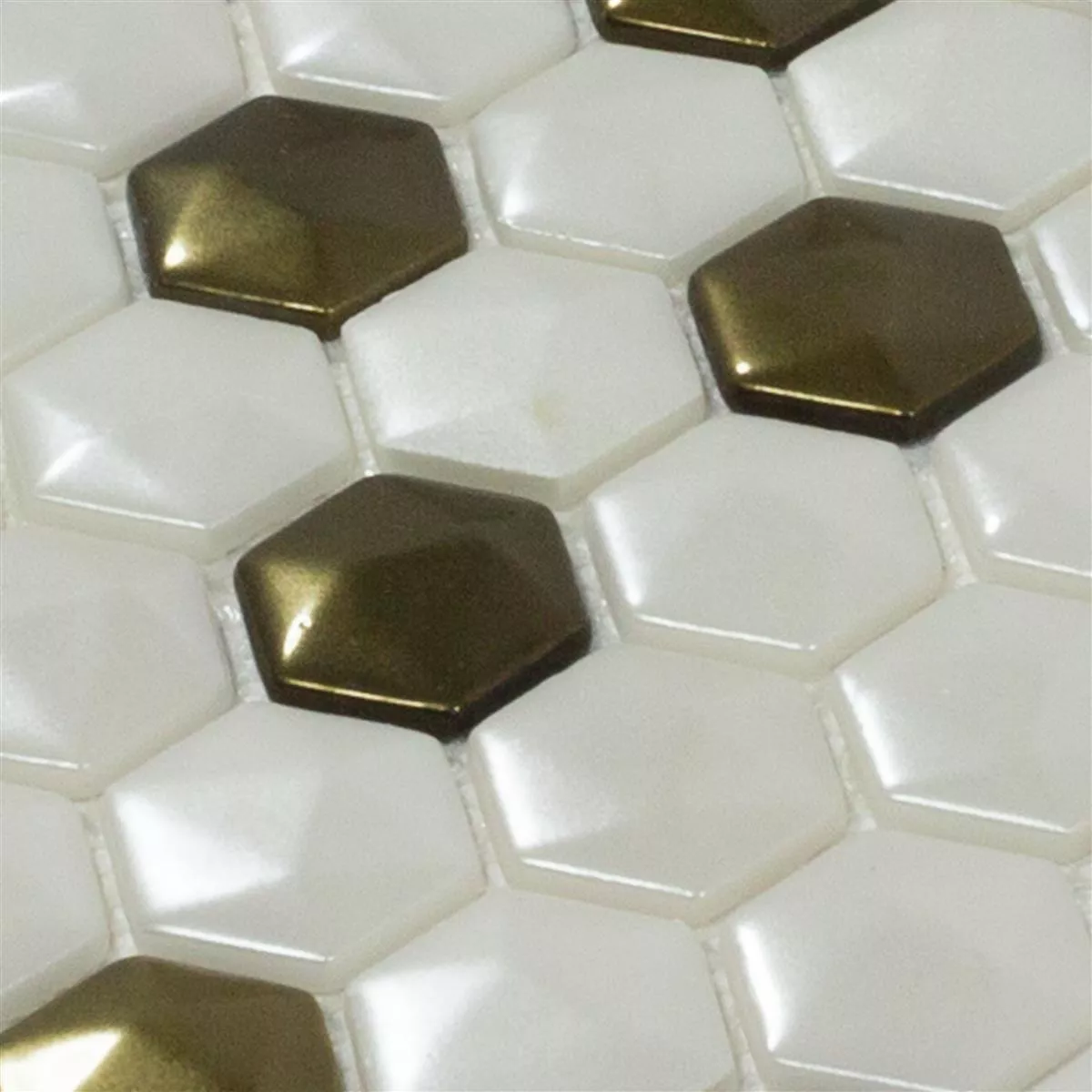 Skleněná Mozaika Dlaždice Las Vegas Šestiúhelník 3D Bílá Zlatá