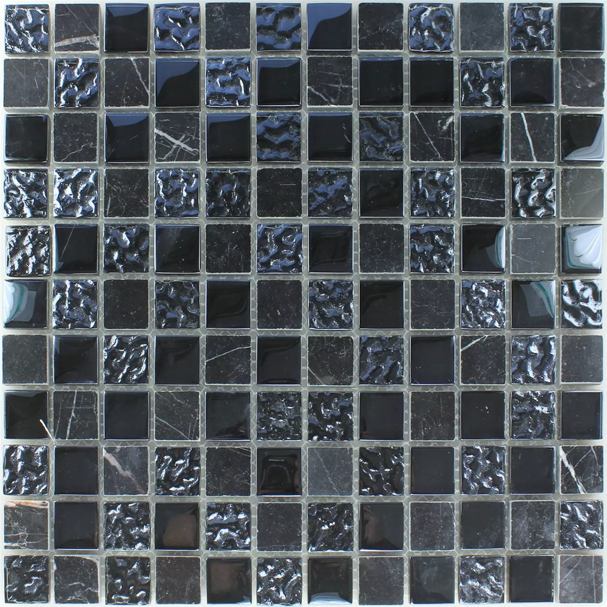 Azulejo Mosaico Vidro Mármore Preto Canelado 25x25x8mm