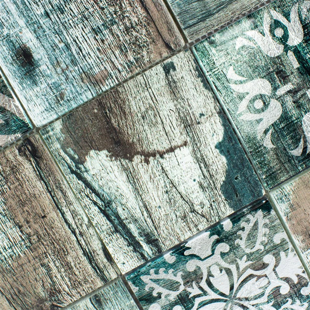 Próbka Mozaiki Szklana Płytki Wygląd Drewna Norwalk Szary Brązowy Zielony Q98