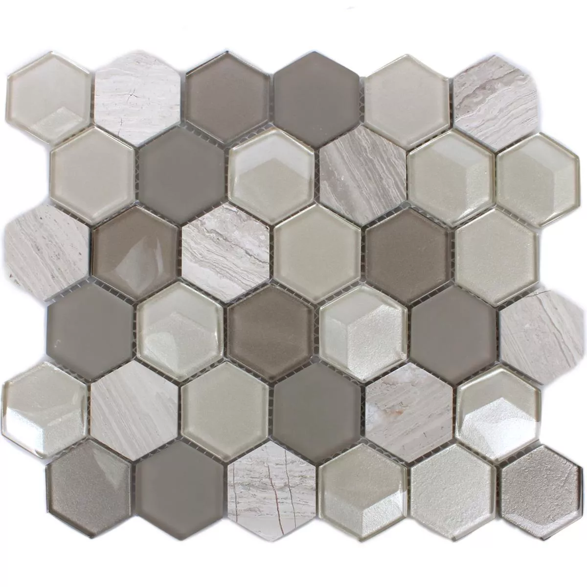 Mosaico Esagono Vetro Pietra Naturale Grigio Chiaro 3D