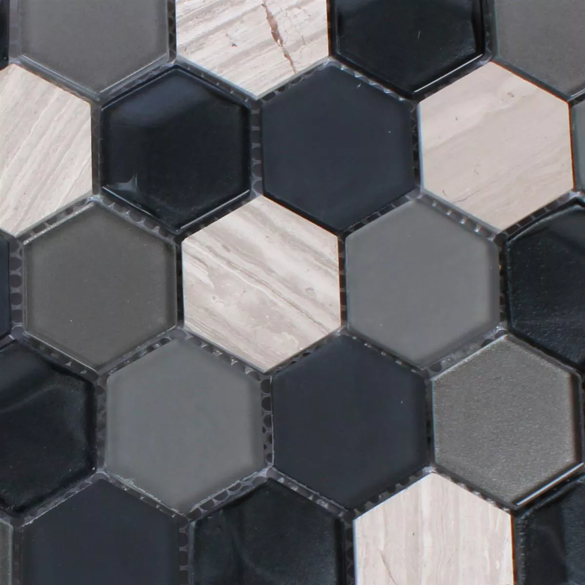 Sample Mosaic Tiles Hexagon Glass Natural Stone Black Grey 3D