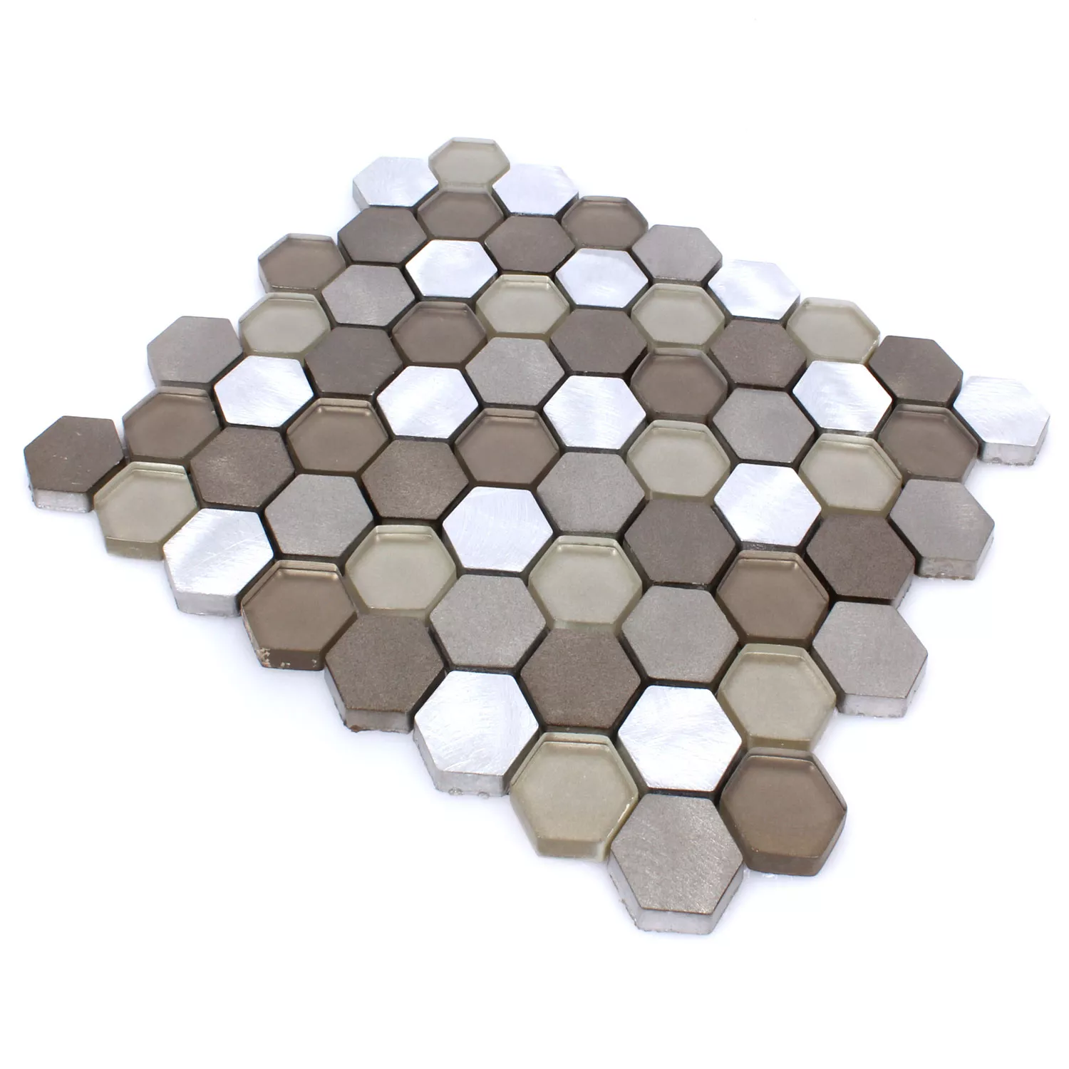 Mosaikfliesen Glas Alu Angela Hexagon Braun Silber