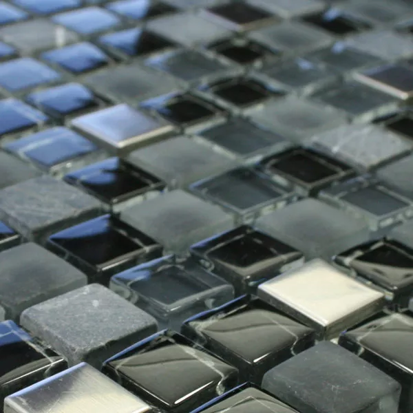Azulejo Mosaico Vidro Mármore Aço Inoxidável Preto Mix