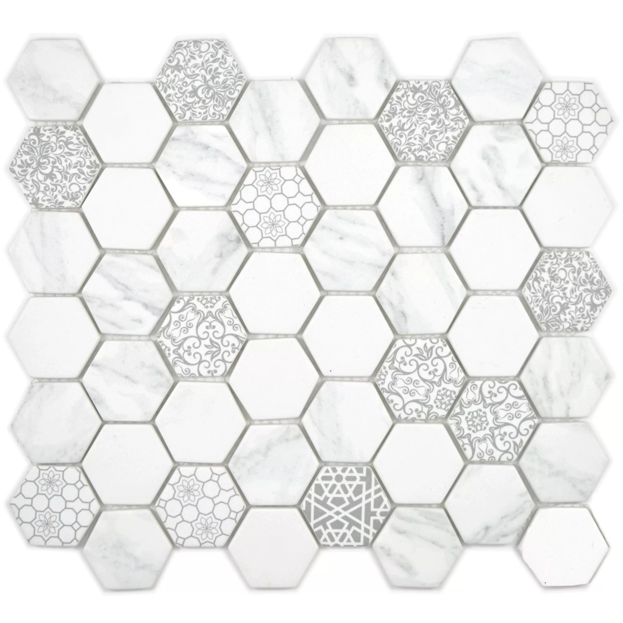 Model din Mozaic De Sticlă Gresie Acapella Carrara Hexagon