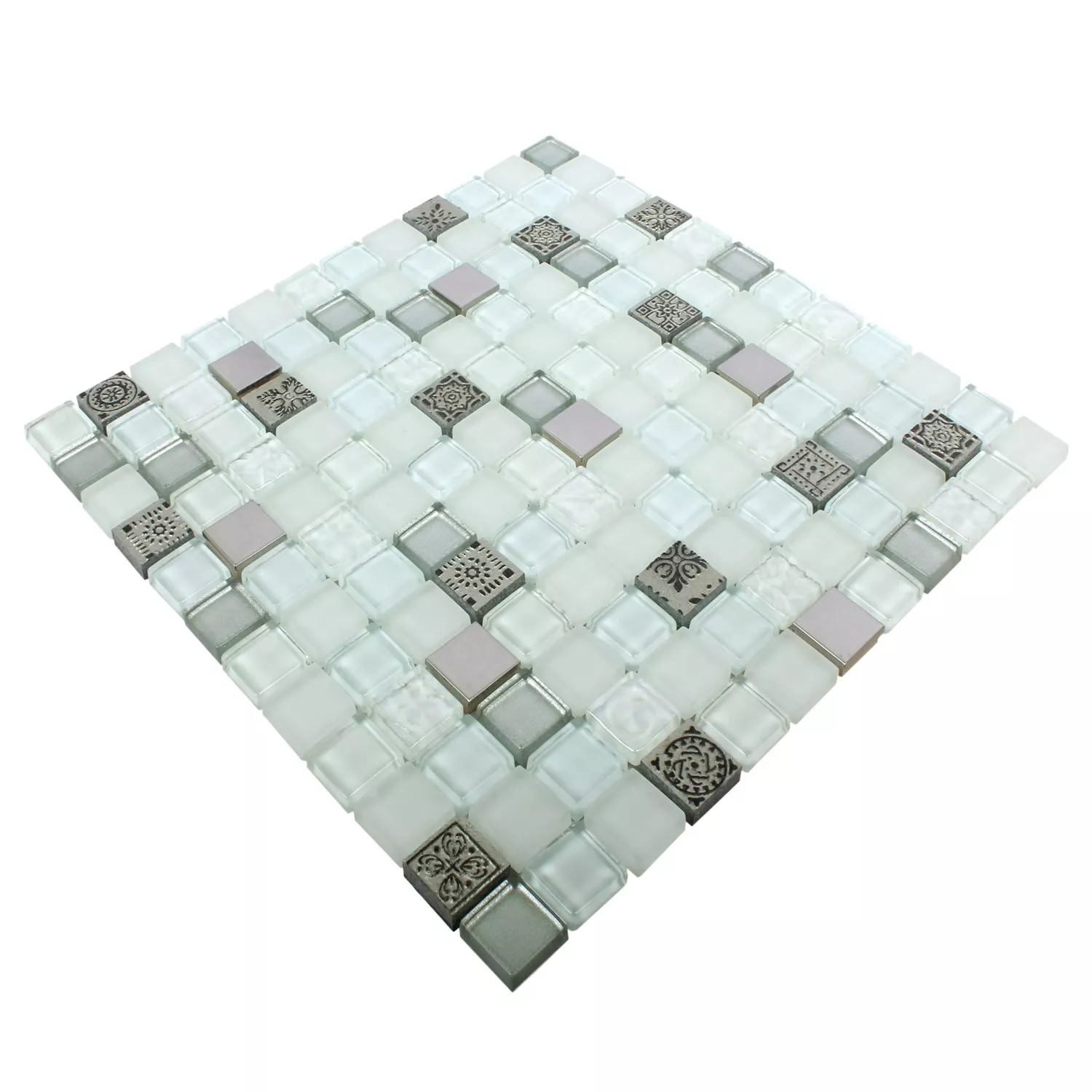 Model din Plăci De Mozaic Sticlă Răşină Oțel Inoxidabil Mix Gramos Alb