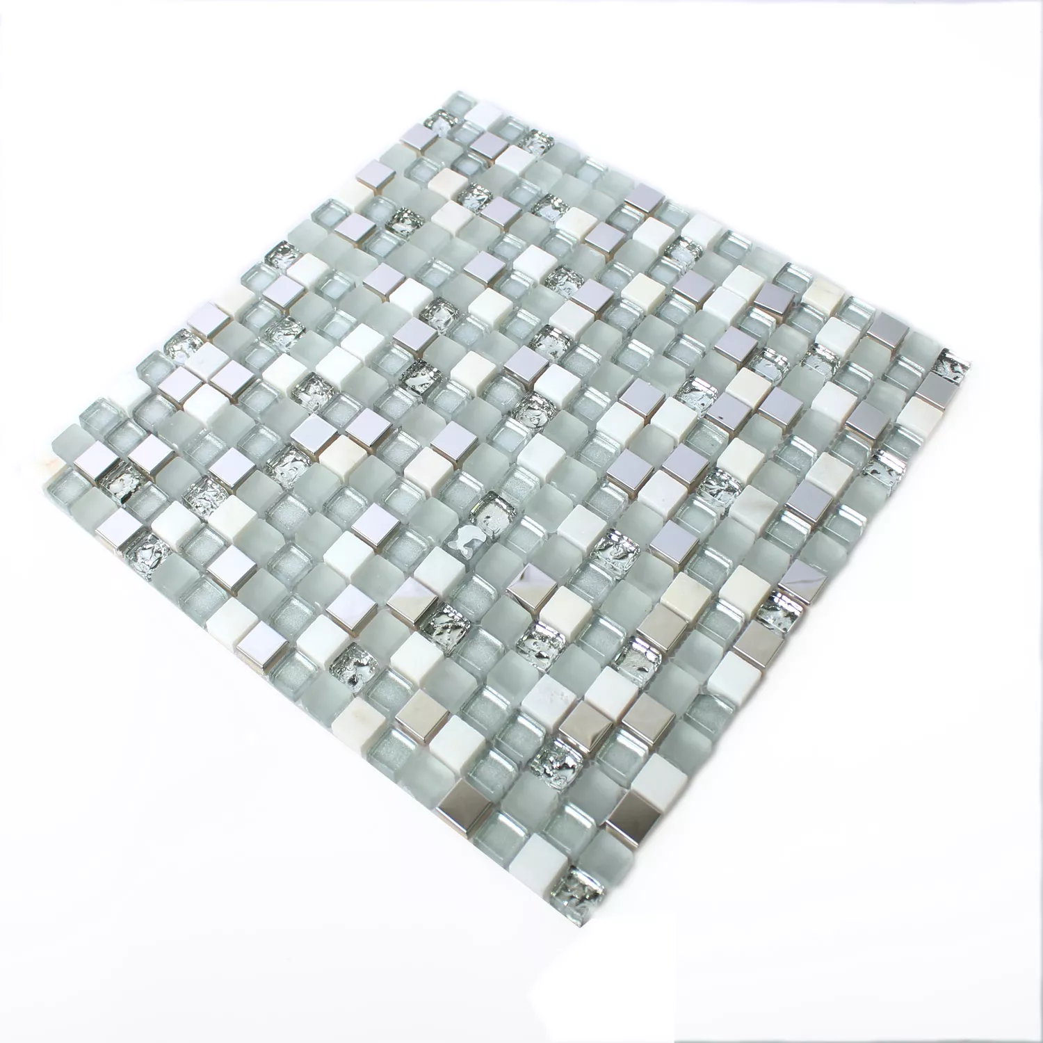 Prøve Mosaik Fliser Glas Rustfrit Stål Natursten Hvid Sølv