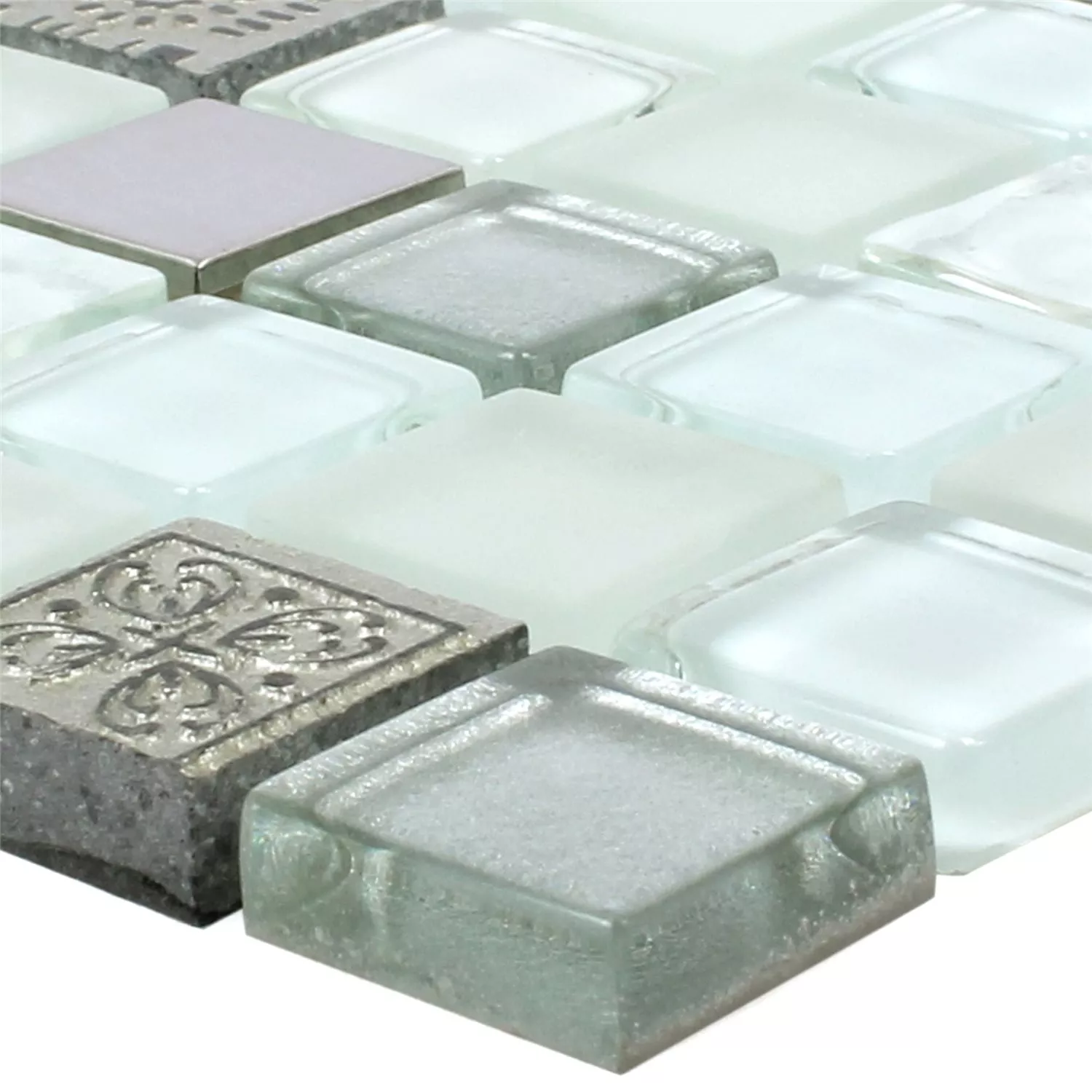 Muestra Azulejos De Mosaico Cristal Resina Acero Inoxidable Mezcla Gramos Blanco