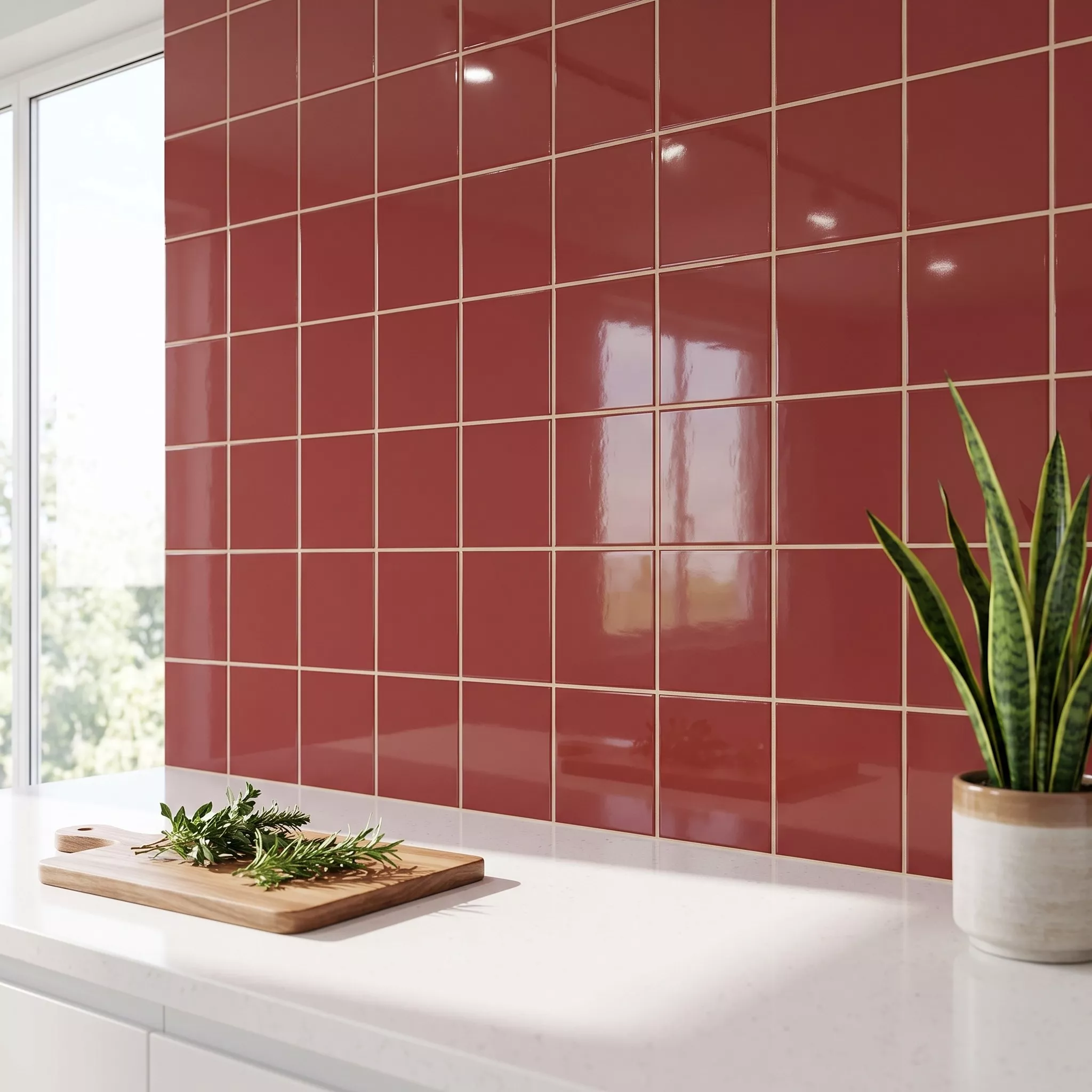 Metro tile Red Glossy 20x20 cm Without Facet Ashville Burdeos