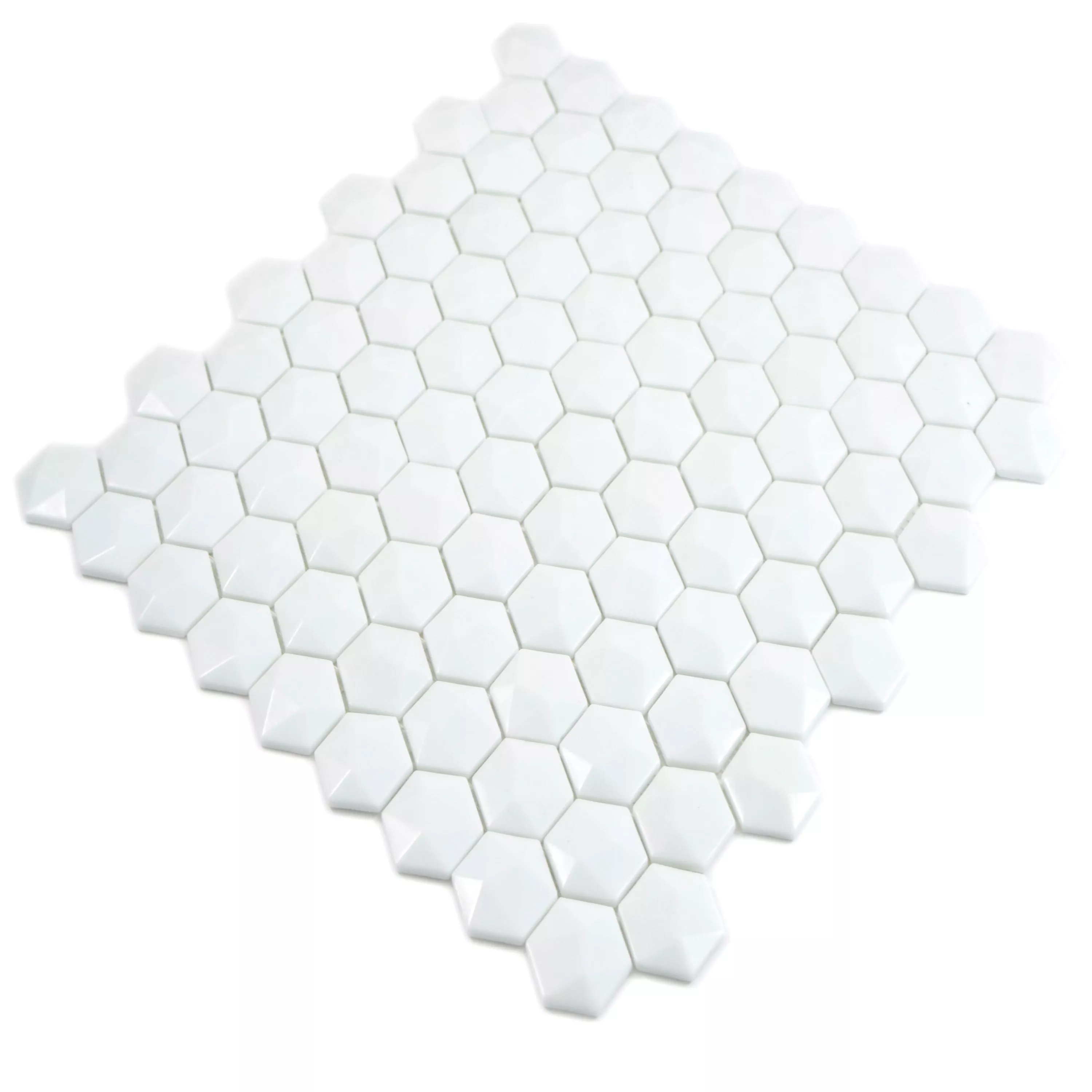 Skleněná Mozaika Dlaždice Benevento Šestiúhelník 3D Bílá