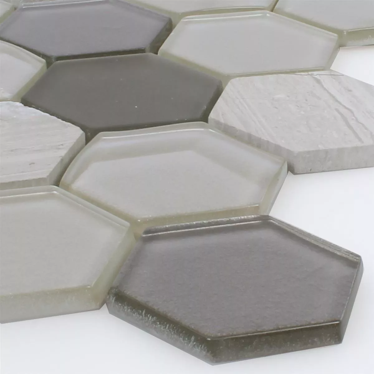 Mosaikfliesen Hexagon Glas Naturstein Iznik Hellgrau 3D