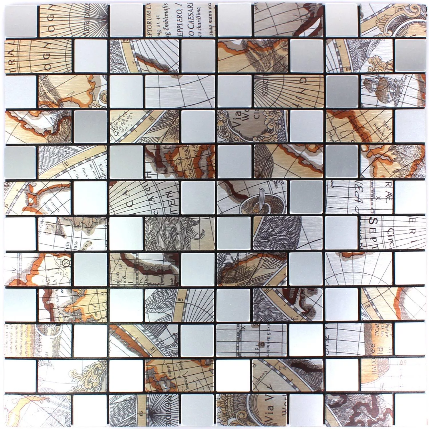 Mosaikkfliser Metall Selvklebende Pinta Verdenskart Sølv Rektangel