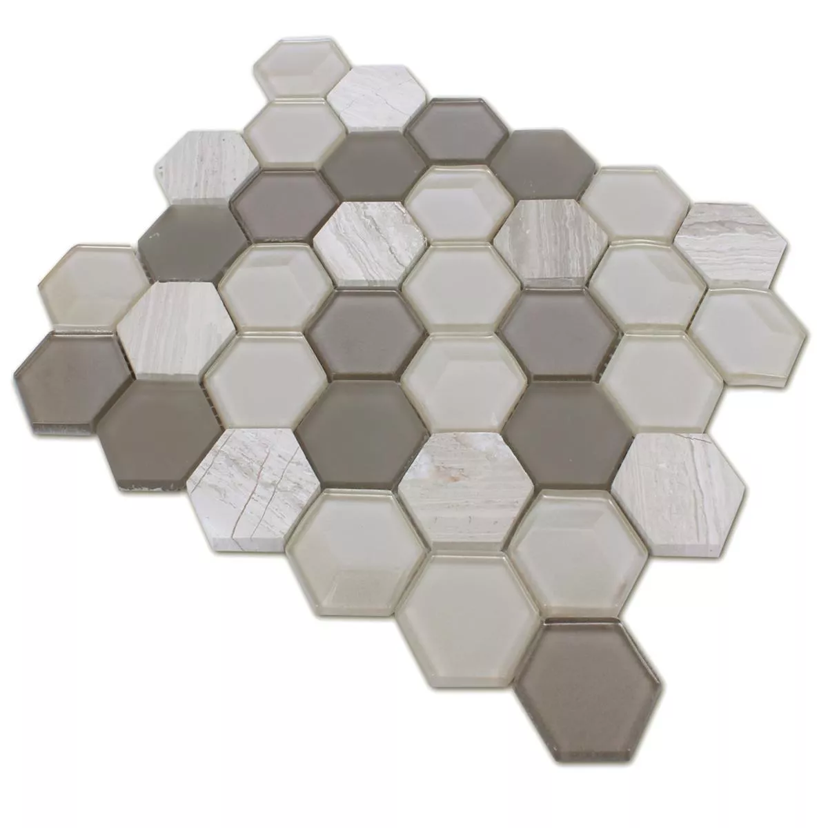 Azulejo Mosaico Hexágono Vidro Pedra Natural Cinza Claro 3D