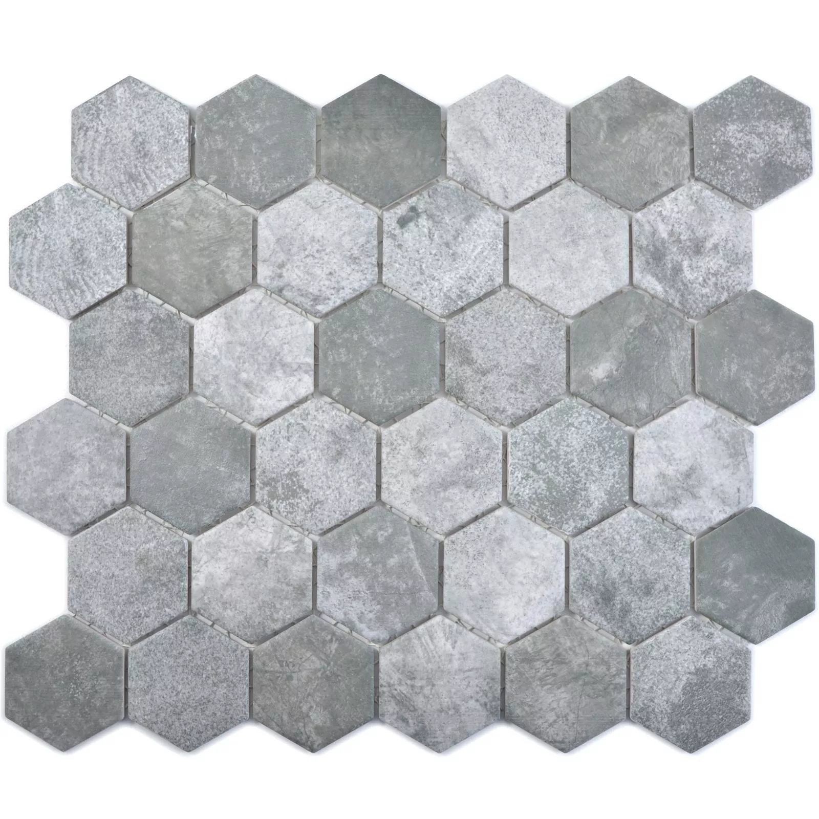 Model din Mozaic Ceramic Comtessa Hexagon Aspect de Ciment Gri Inchis
