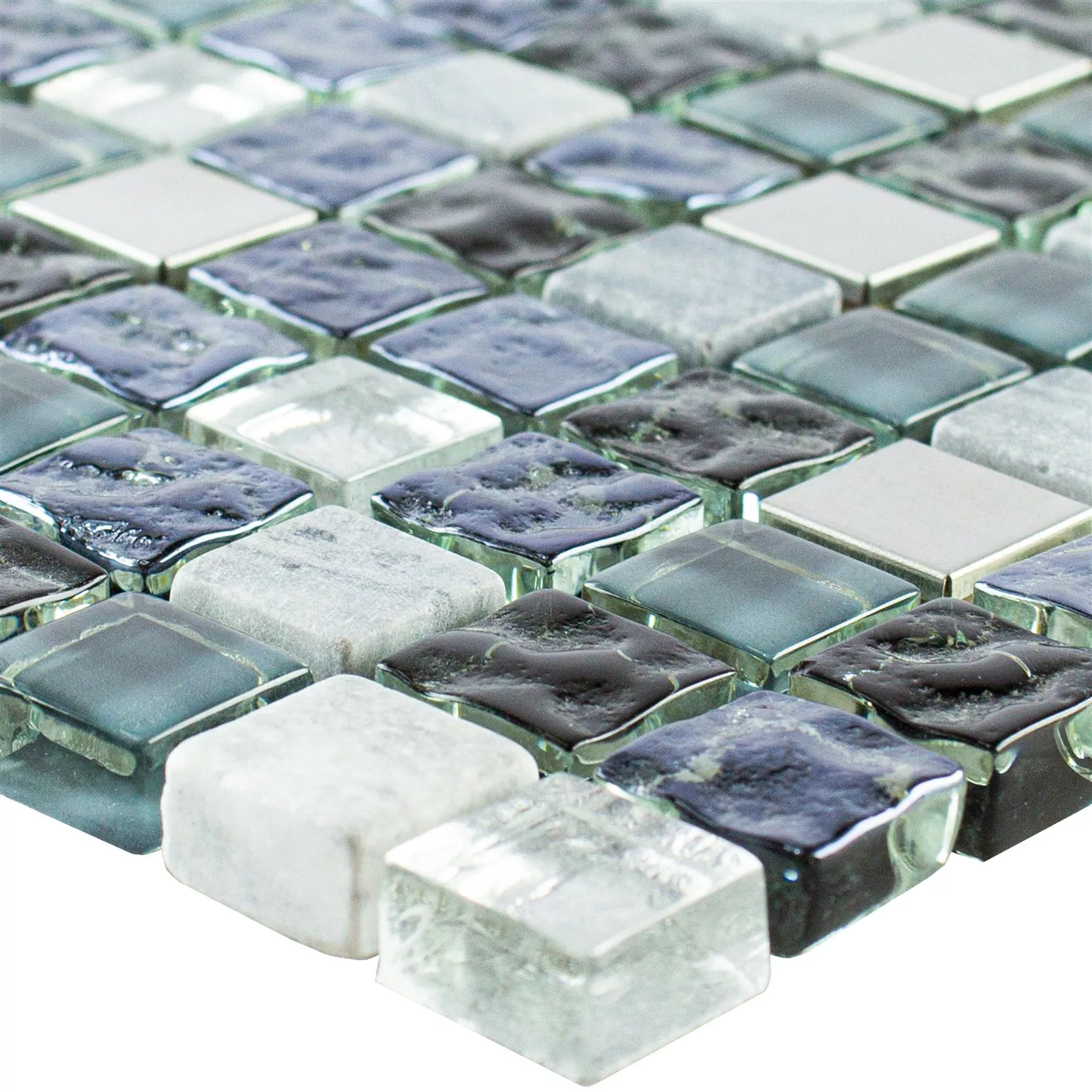 Glas Natursten Rustfrit Stål Mosaik Dysart Gra Blå Sølv Glas Natursten Rustfrit Stål Mosaik Dysart Gra Blå Sølv