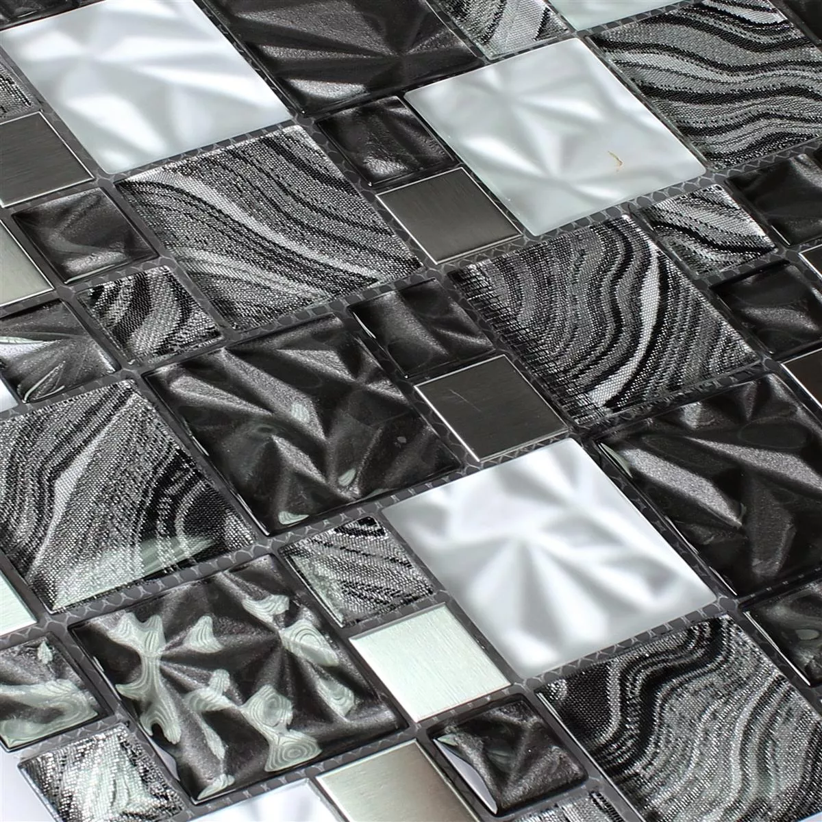 Glas Metall Stainless Steel Mosaic Tiles Zadar Grey Black