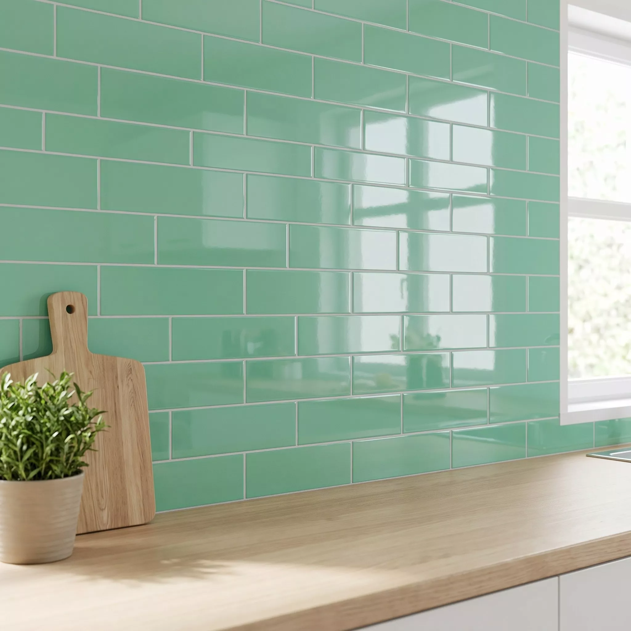 Metro tile Green Glossy 10x30 cm Without Facet Candy Manzana