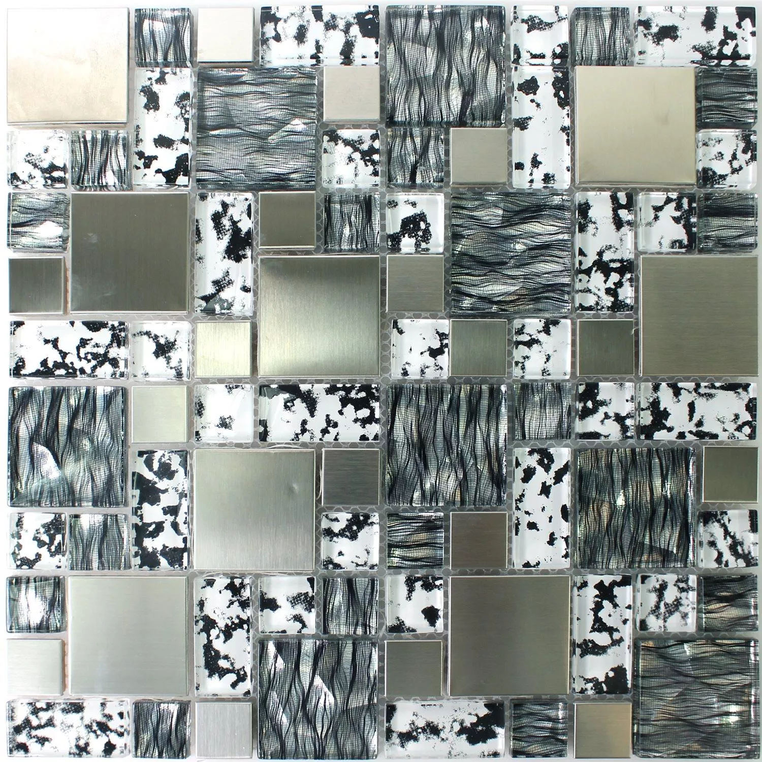 Vzorek Sklo Nerezová Ocel Mozaika Rio Černá Stříbrná Bílá