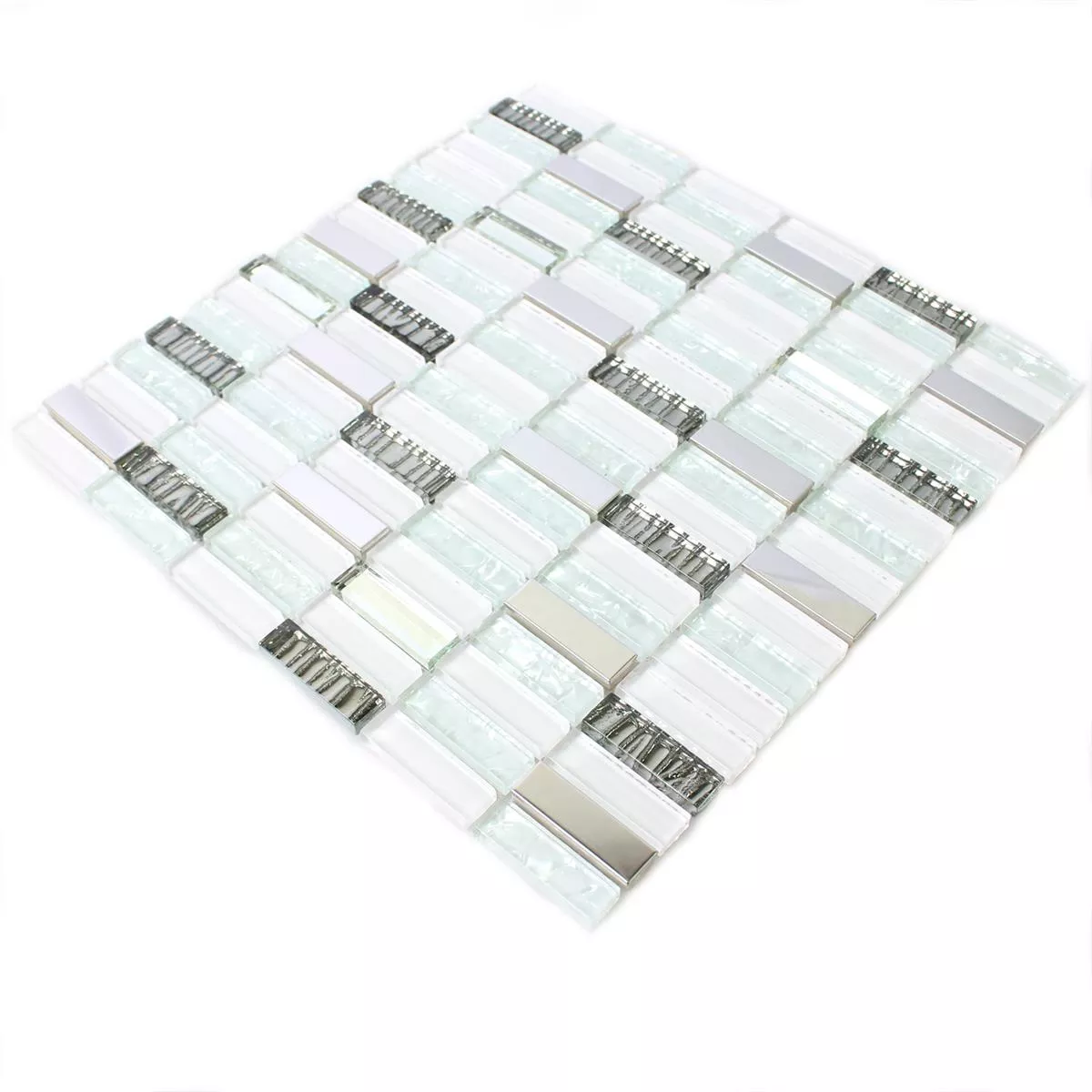 Muster von Glas Edelstahl Mosaikfliesen Admont Weiss Stick