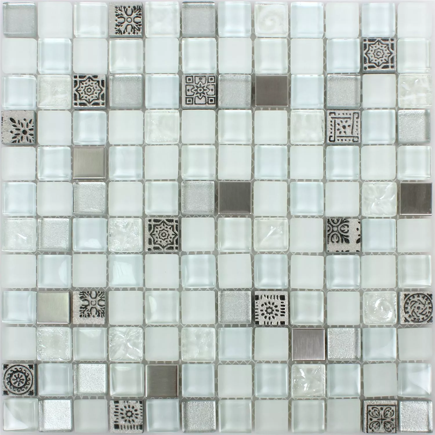 Prøve Mosaik Fliser Glas Resin Rustfrit Stål Mix Gramos Hvid
