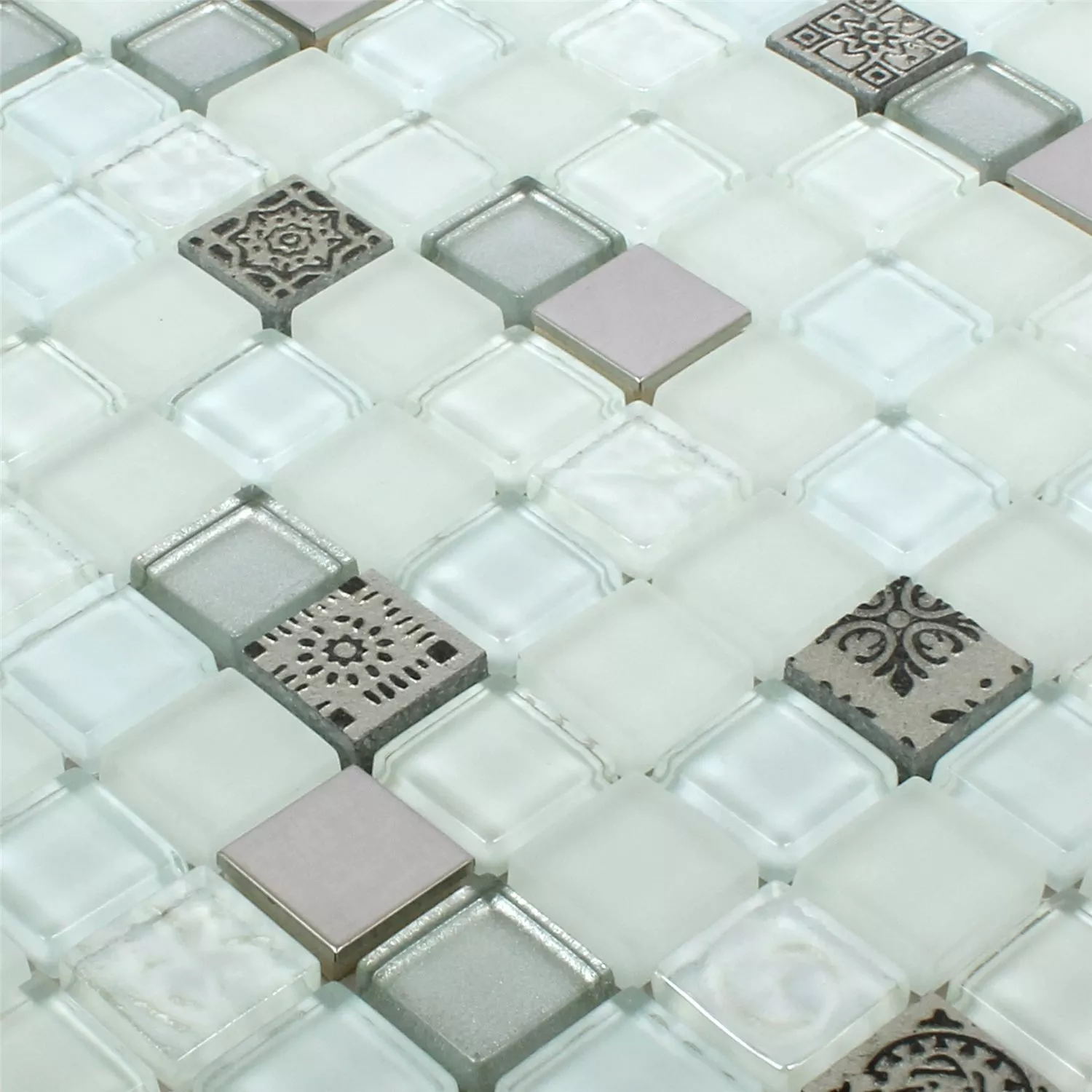Muestra Azulejos De Mosaico Cristal Resina Acero Inoxidable Mezcla Gramos Blanco