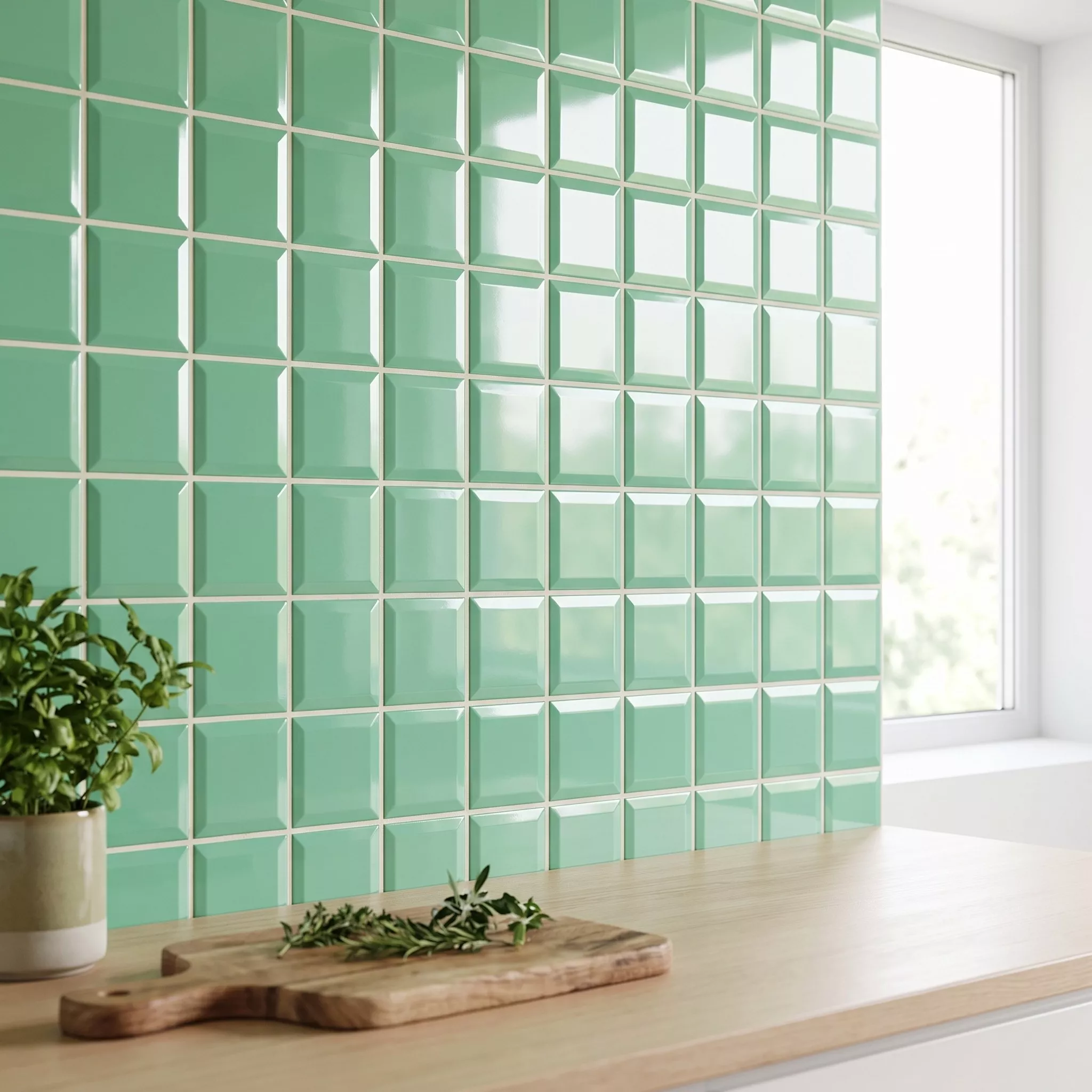 Carrelage métro Vert Brillant 10x10 cm Avec Facette Catarina Manzana