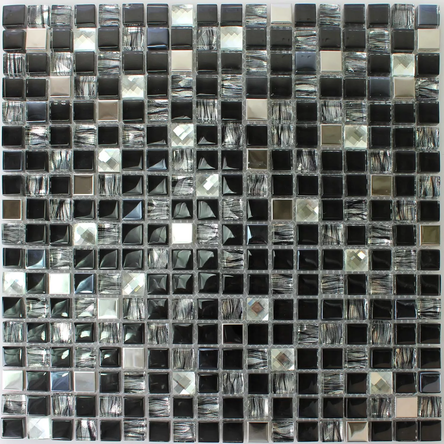 Mosaik Glas Rostfritt Stål Svart Mix 15x15x8mm