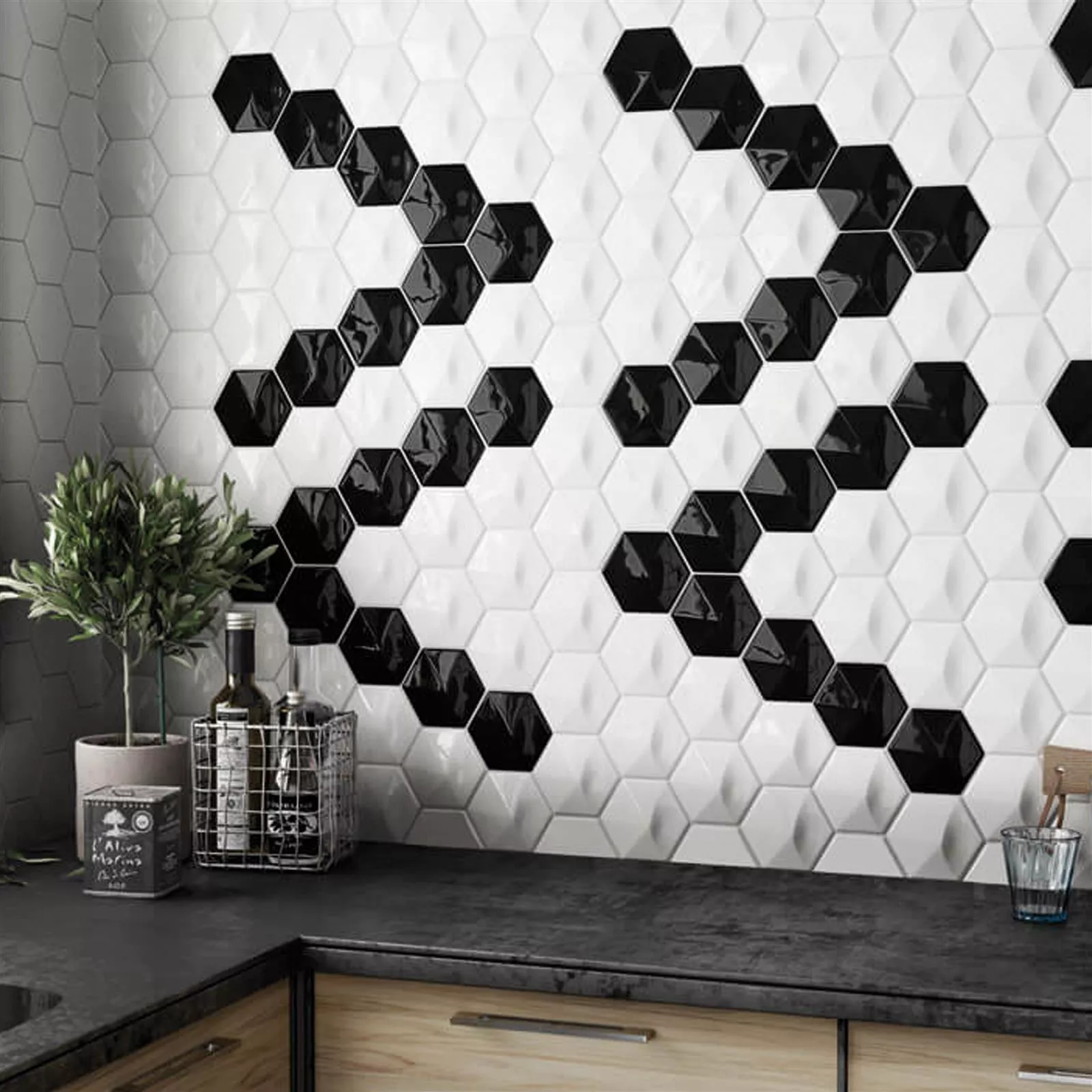 Wandtegels Rockford 3D Hexagon 12,4x10,7cm Zwart