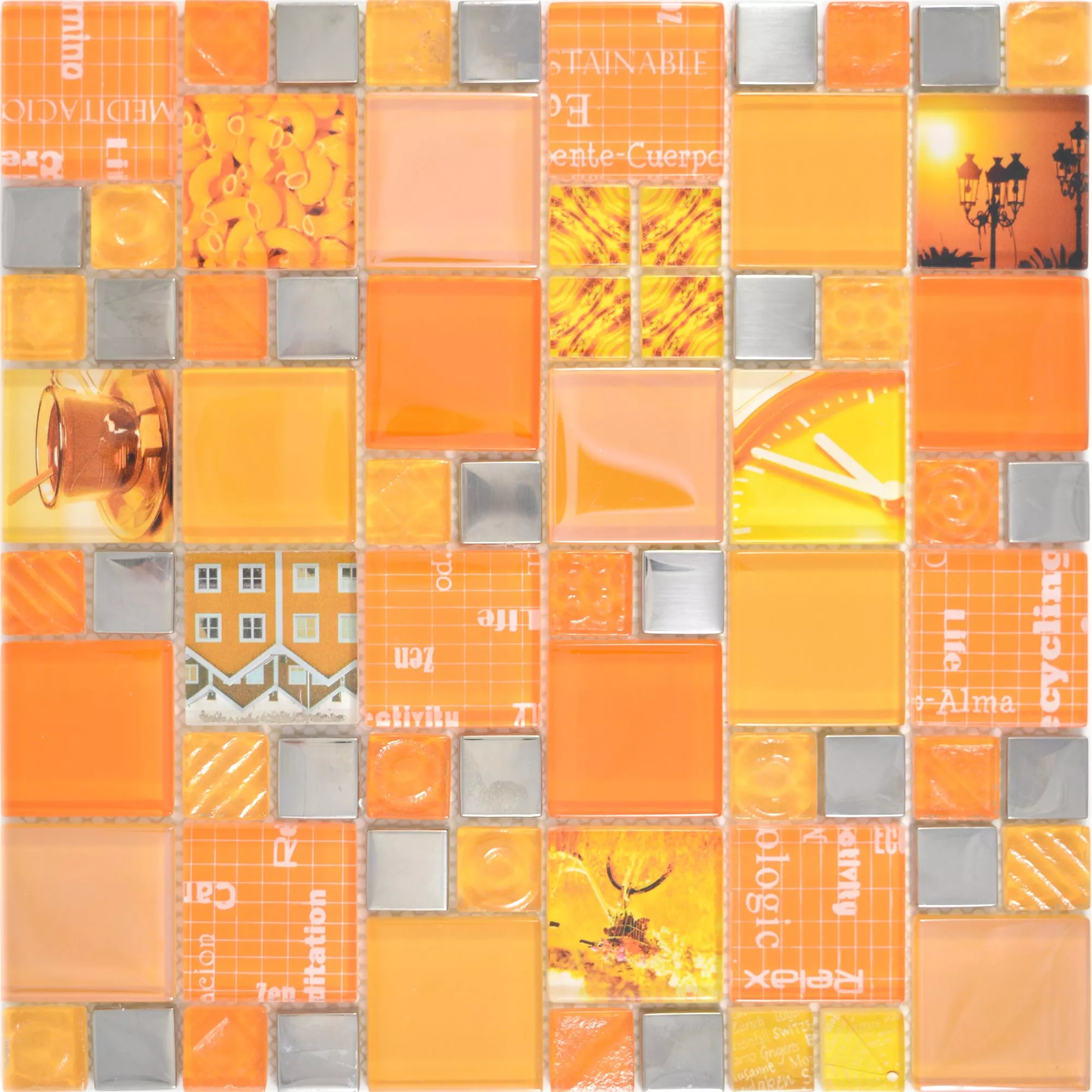 Vzorek Skleněná Mozaika Dlaždice Nemesis Oranžová Stříbrná
